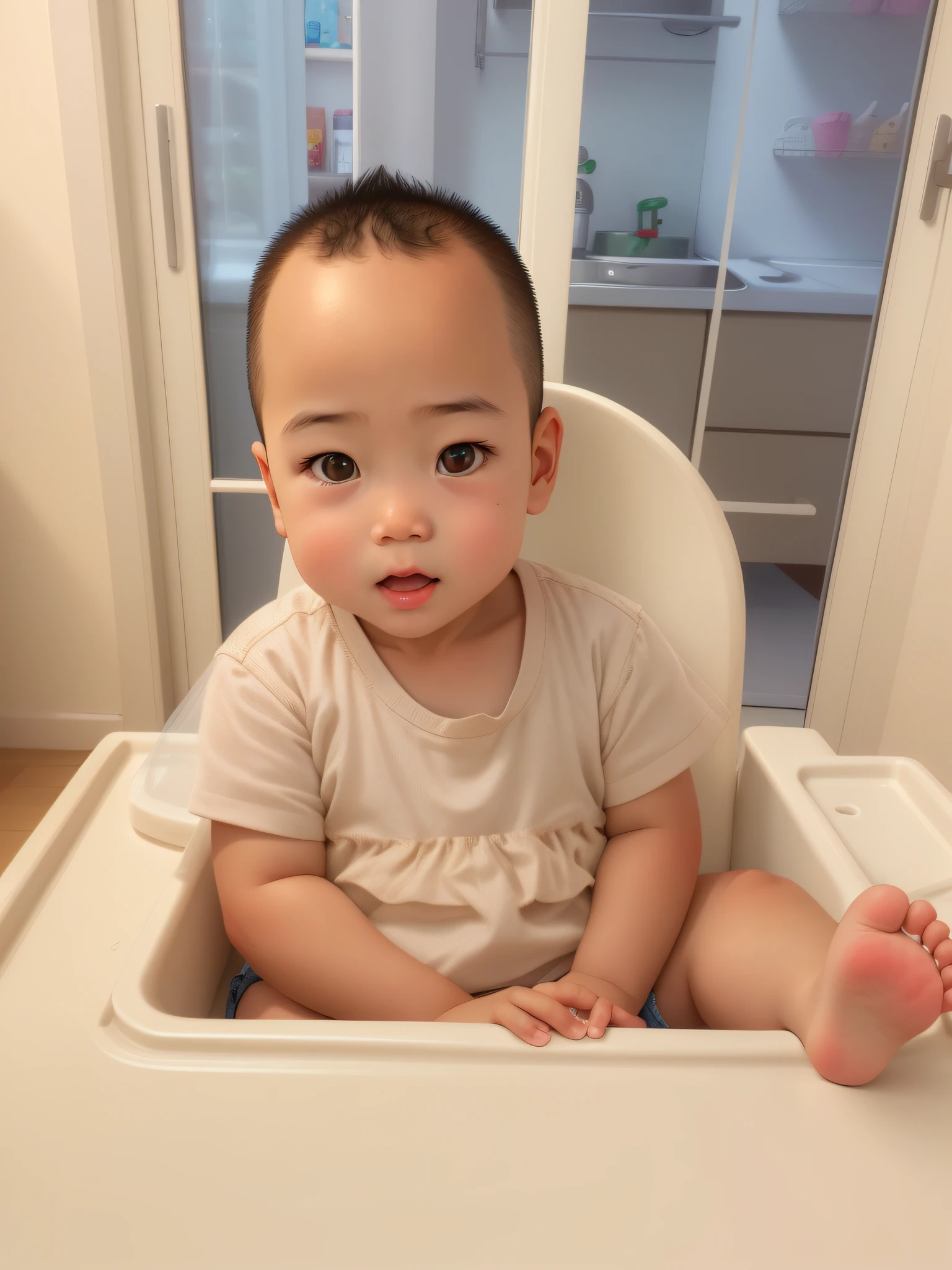 A cute 2 year old boy, naughty Chinese boy, , straight hair, inch head, food on face, sitting in baby chair, little feet on table, close-up of facial statue, original picture features preserved, cute digital painting, cute 3D rendering, cute detailed digital art, pixar art style, cute digital art, 3d rendering stylization, pixar rendering, pixar style art, pixar art style, stylized 3d, increase face detail, bright colors, high quality, 4K, cinematic feel,