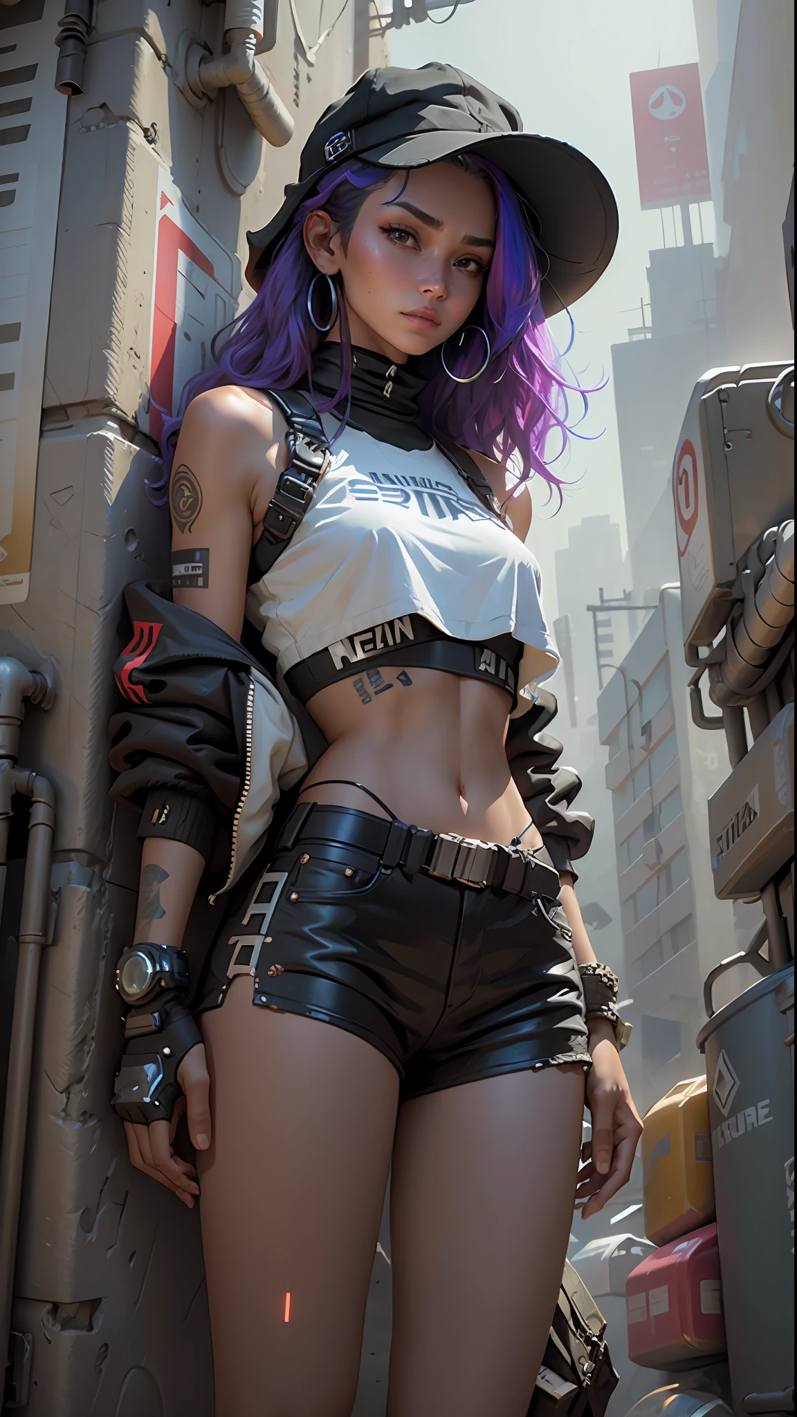 Beautiful indigenous cyborg woman with medium hair, wearing a hat, cyberpunk style short outfit, crop top,8k