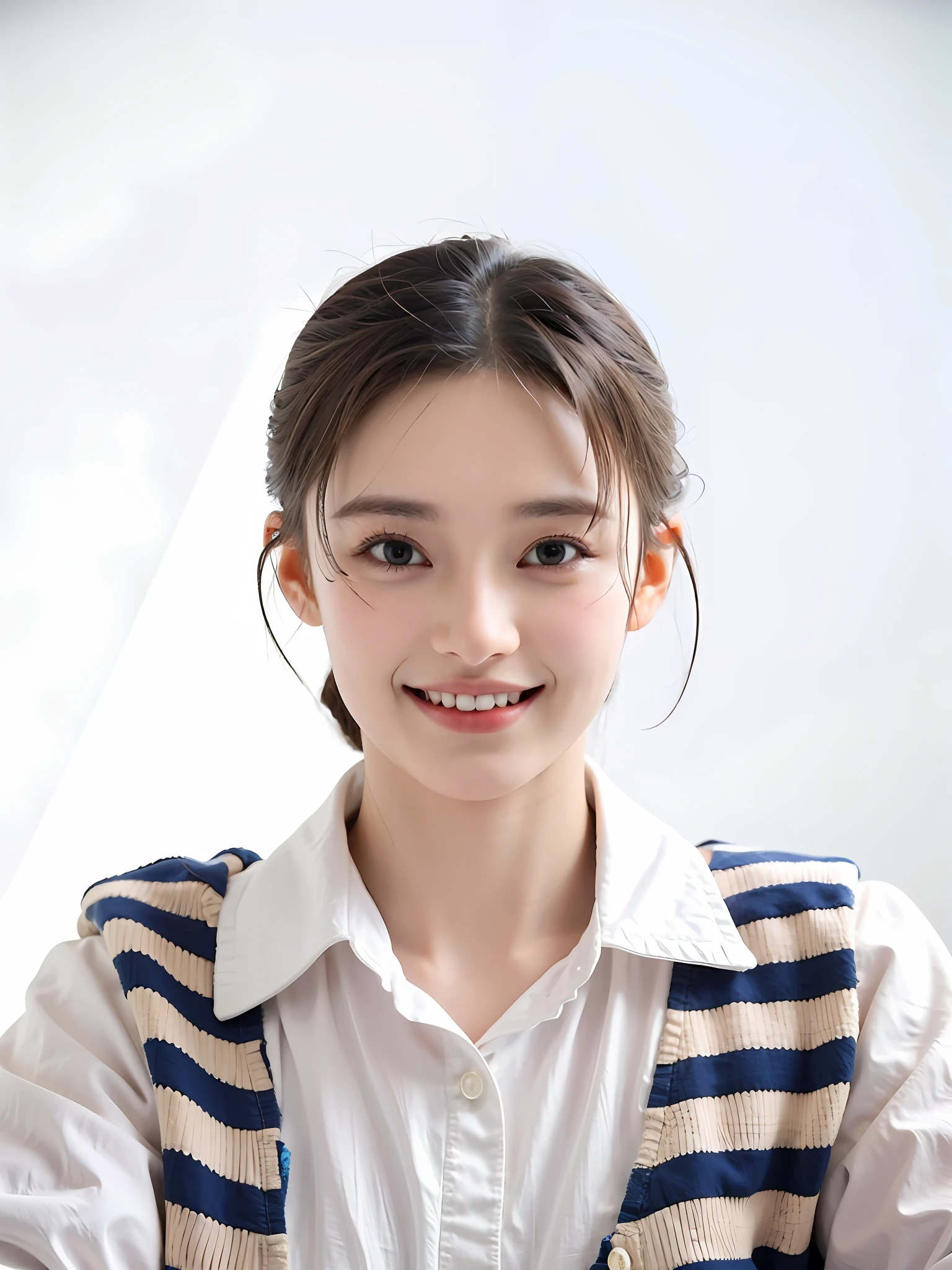 Eyes with light, smile, excellent skin texture, bookshelf background