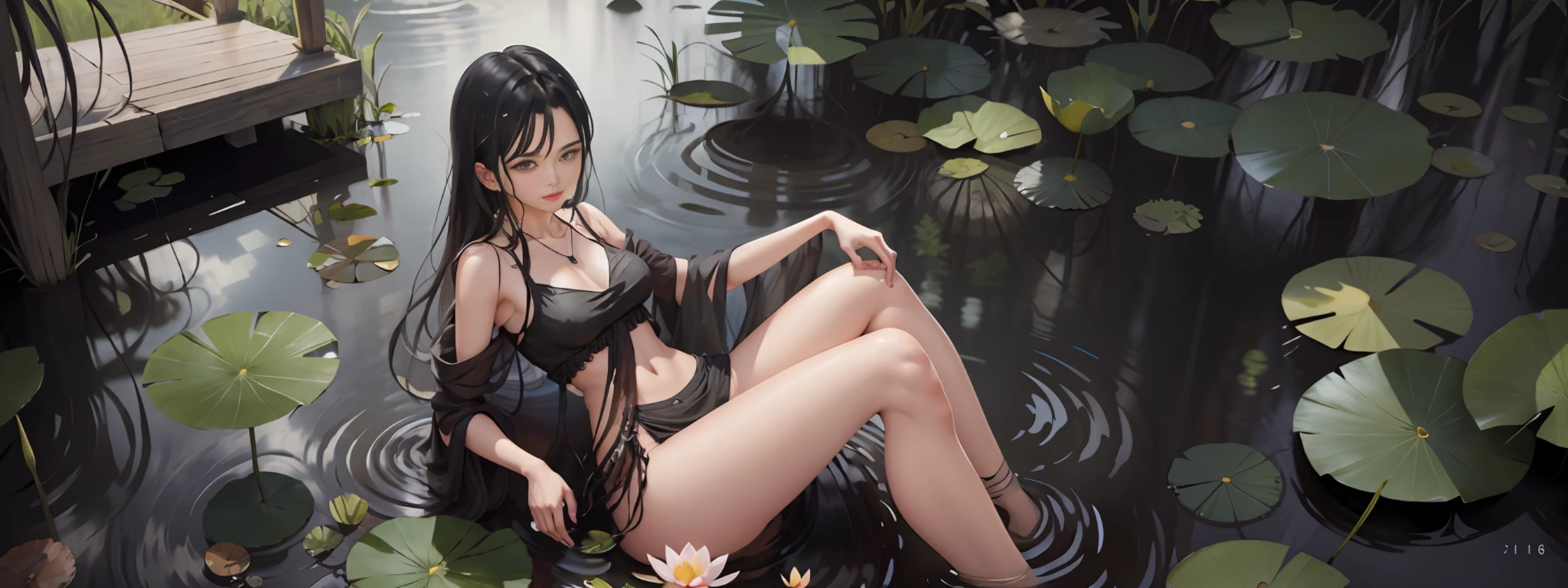 Black hair, proud figure, artificial beauty, sitting in a stream, lotus pond, holding lotus flowers,