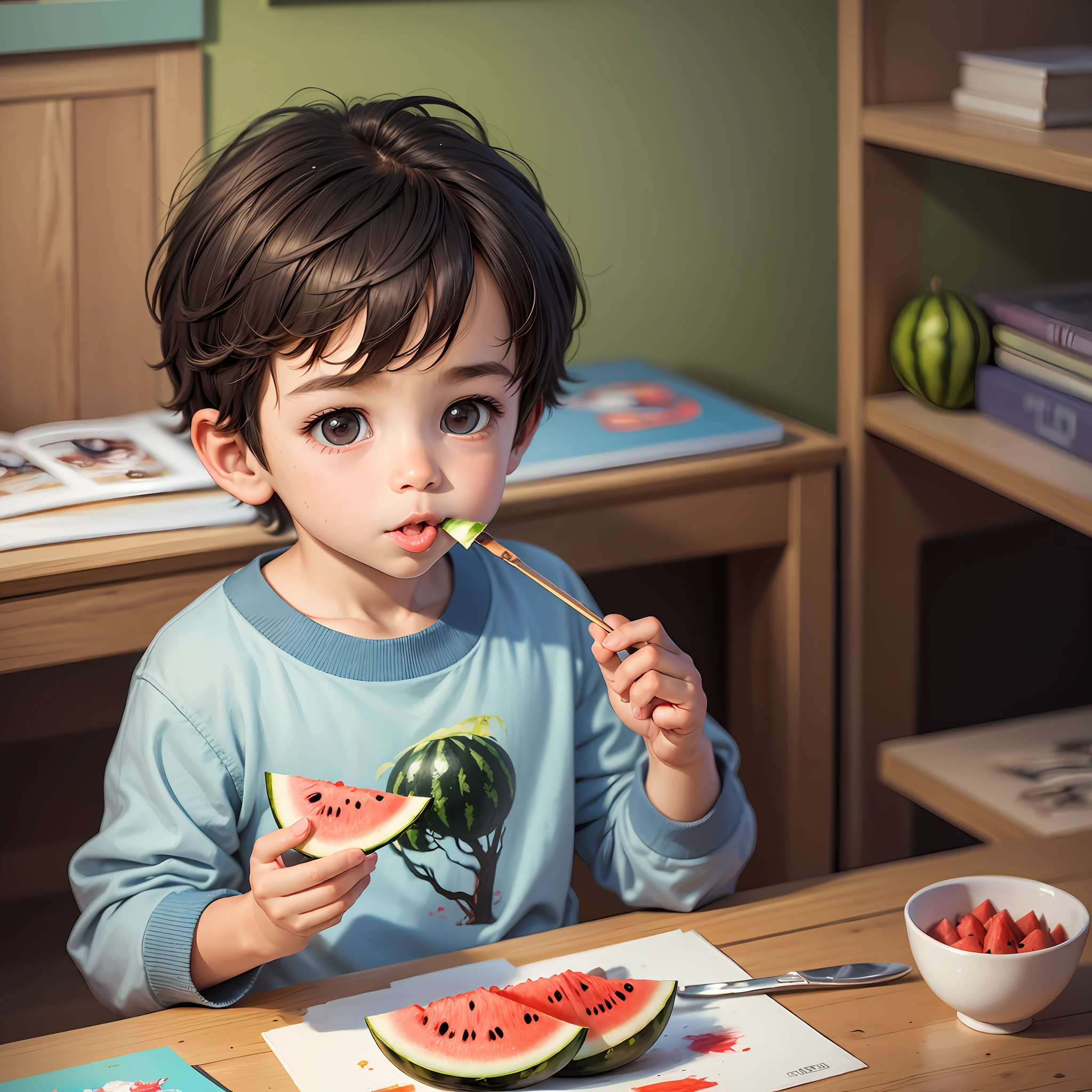 A cute **********, Eating a piece, watermelon, in the room, Cool fan, acrylic painting, Picture book illustration, Surrealism, super detail, 16k, UHD, super detail, high details, high quality, highres, best quality --auto --s2