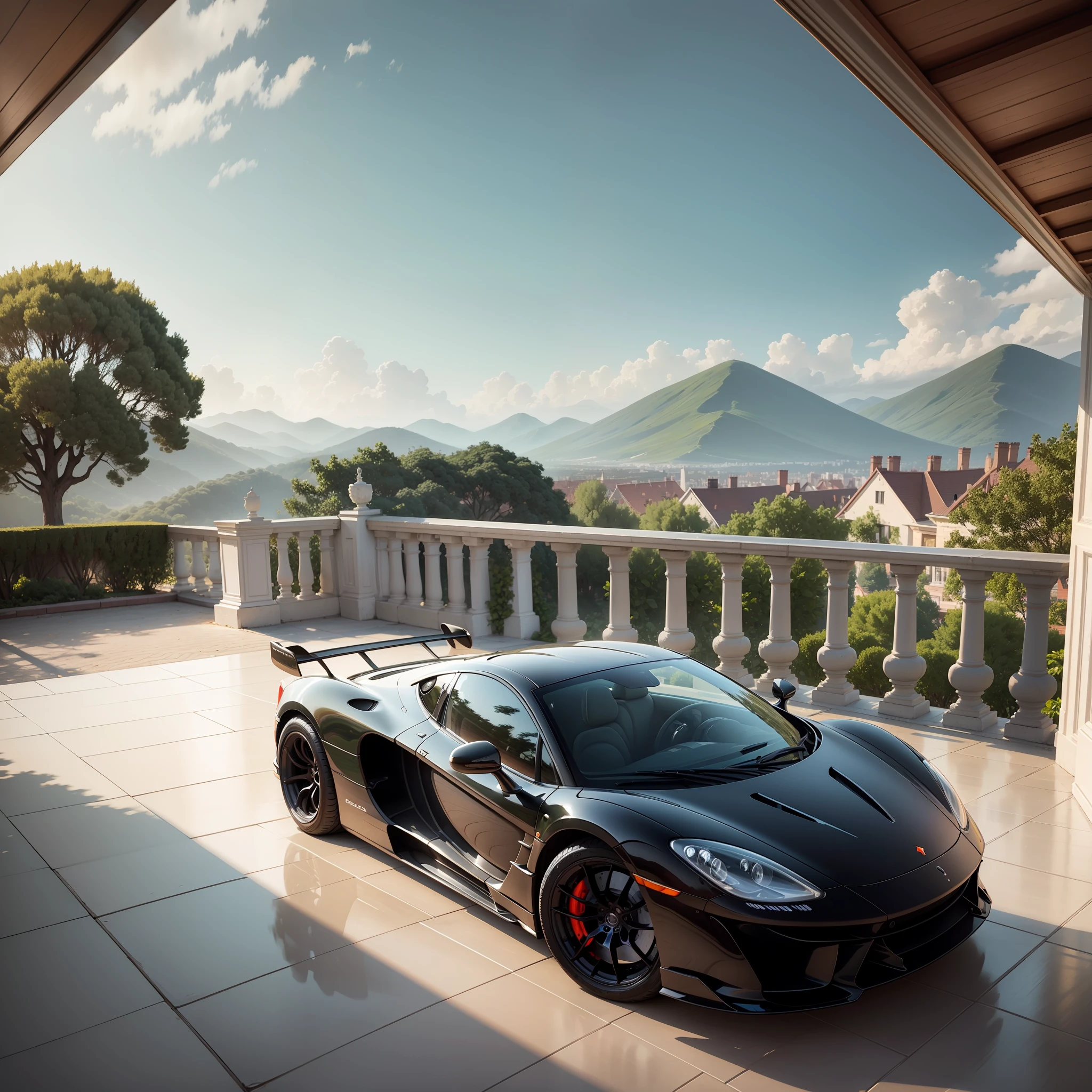 Beautiful view from inside a mansion, with an MC Laren outside the house, detailed and realistic --auto --s2