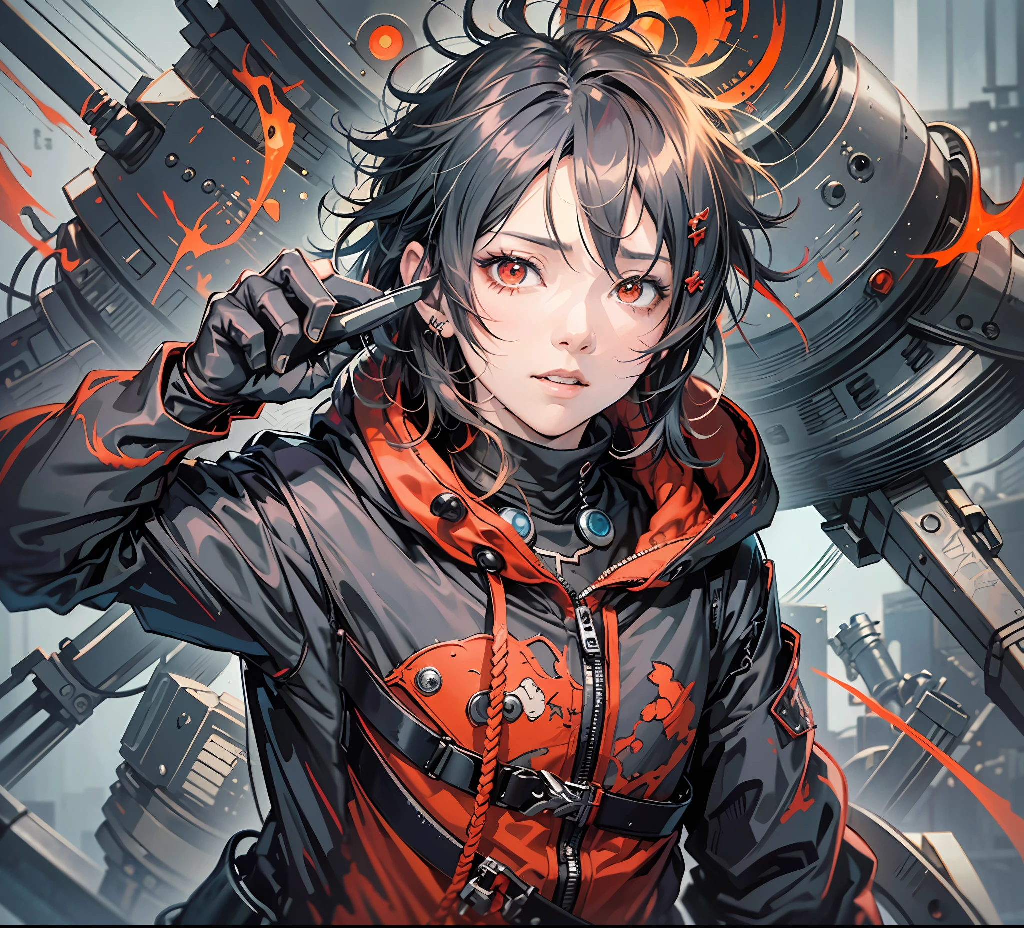 anime character with red eyes and a black shirt, okata kazuto, in an anime, as an anime character, official anime still, aramaki shinji, perfect anime face, okabe rintarou, inspired by Okumura Masanobu, in the anime film, shinji, ( ( ( yoshinari yoh ) ) ), a close up of a drawing of Shinra Kusakabe from Fire Force Anime black hairs red eyes evil smile sharp teeth orange hoodie on a piece of paper, Japanease, inspired by Atsushi Ohkubo, scribbles biopunk, (Sui Ishida), SamDoesArts, Sharp brush pen, drawn on paper, by Ken Wakui, inspired by Makoto Shinkai, inspired by Studio Ghibli, baki And Tokyo Ghoul style --auto --s2