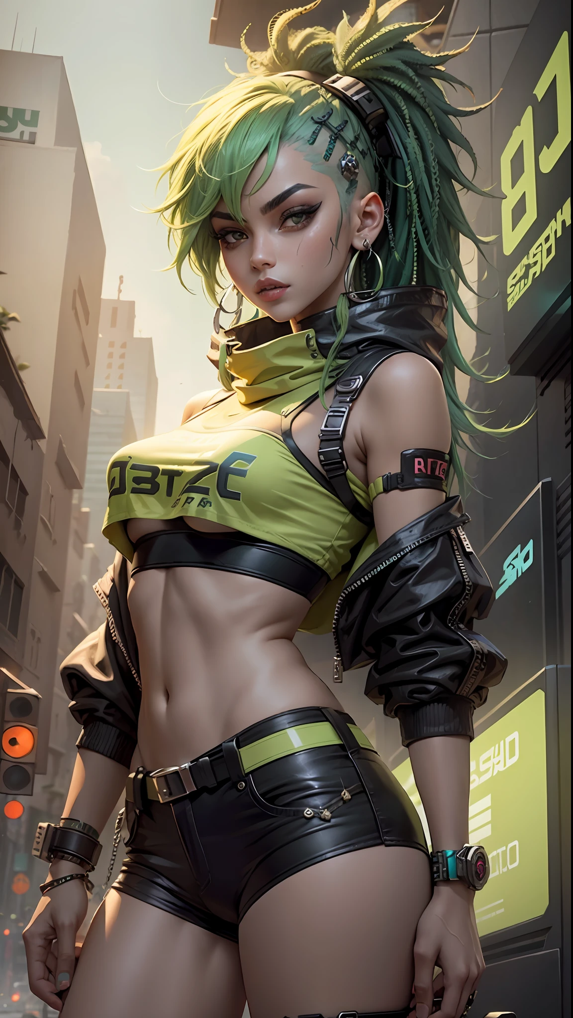 Egyptian with green hair, wearing a hat, cyberpunk style short outfit, crop top,8k