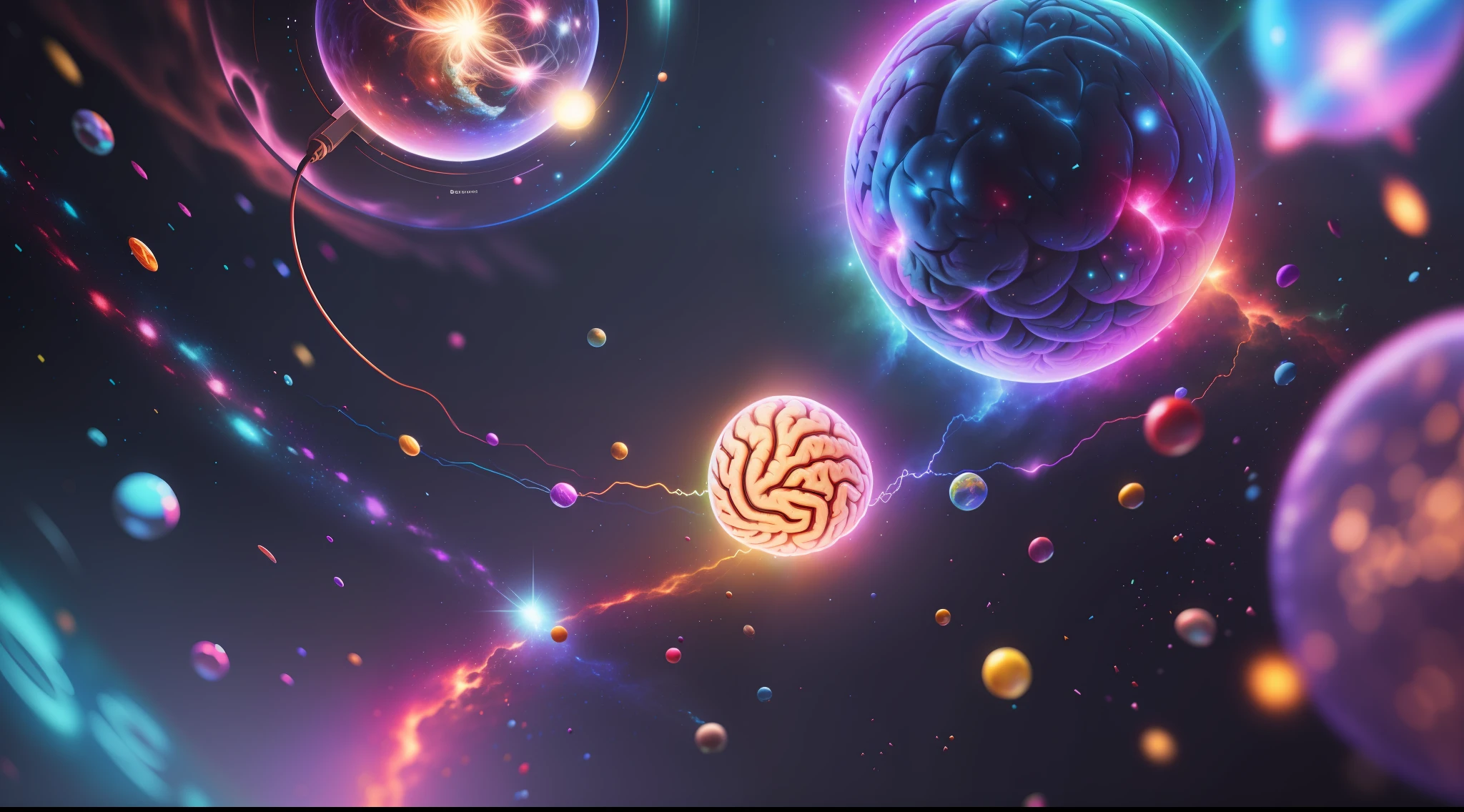 brain, mind, universe, colorful, vibrant, realistic image, lights, lighting, high details, 8k, high-quality:: dof, --ar 2:1