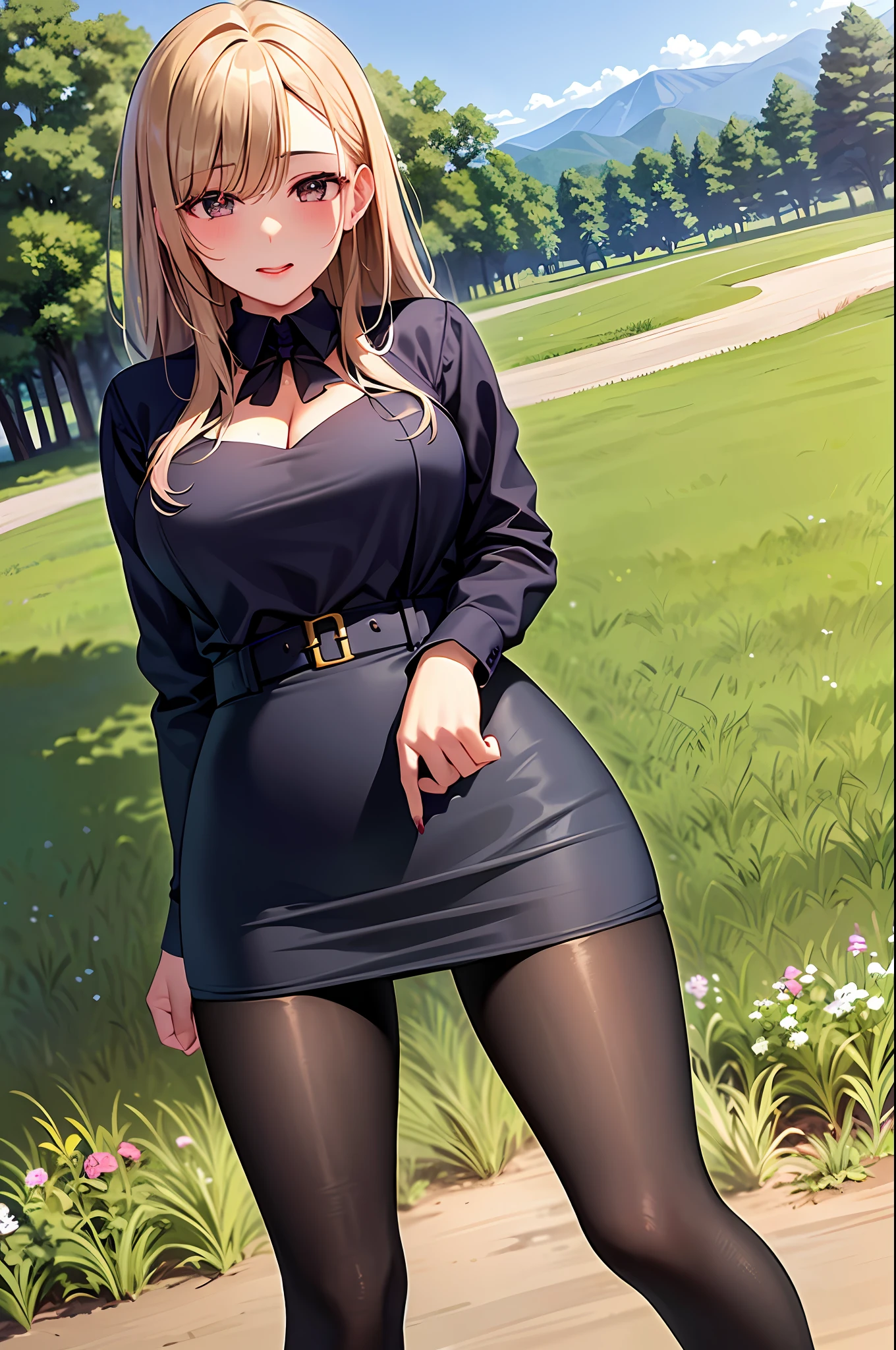 Meadow, pasture, dirt road, clear sky with some clouds, bushes,depravity,thick thighs, cleavage, woman,teacher,pencil skirt, lipstick,makeup, pantyhose, (school background),