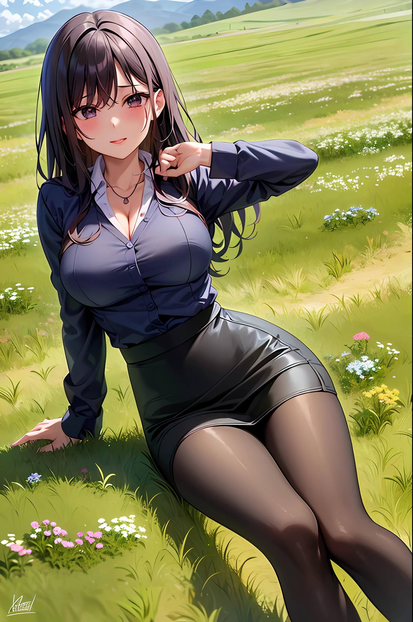 Meadow, pasture, dirt road, clear sky with some clouds, bushes,depravity,thick thighs, cleavage, woman,teacher,pencil skirt, lipstick,makeup, pantyhose, (school background),