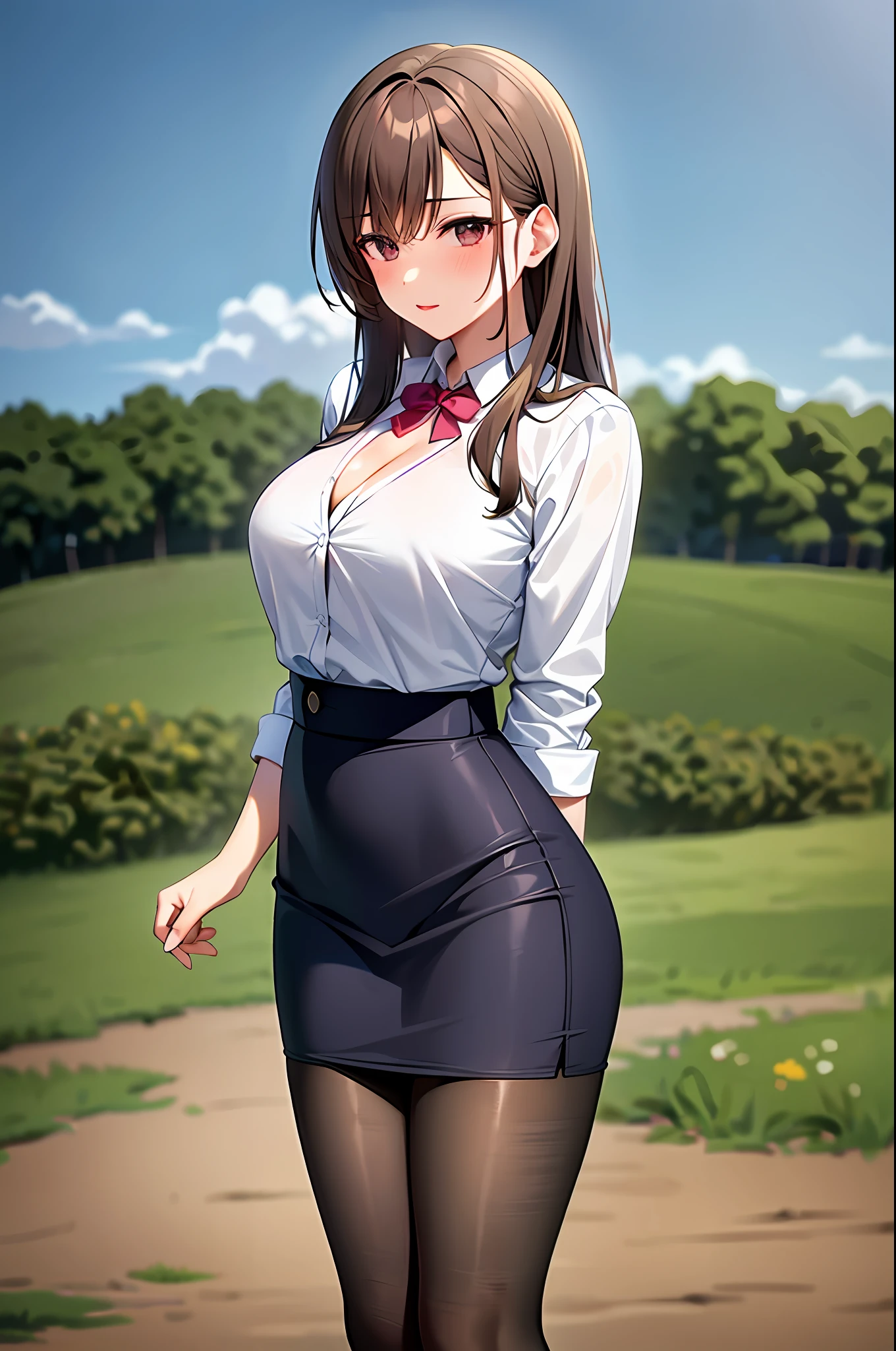 Meadow, pasture, dirt road, clear sky with some clouds, bushes,depravity,thick thighs, cleavage, woman,teacher,pencil skirt, lipstick,makeup, pantyhose,  (school background),