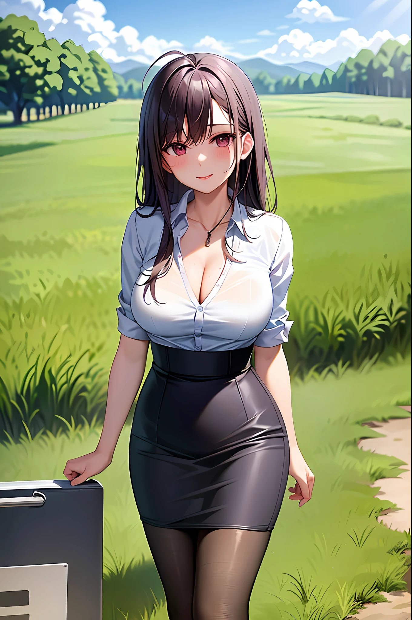 Meadow, pasture, dirt road, clear sky with some clouds, bushes,depravity,thick thighs, cleavage, woman,teacher,pencil skirt, lipstick,makeup, pantyhose,  (school background),