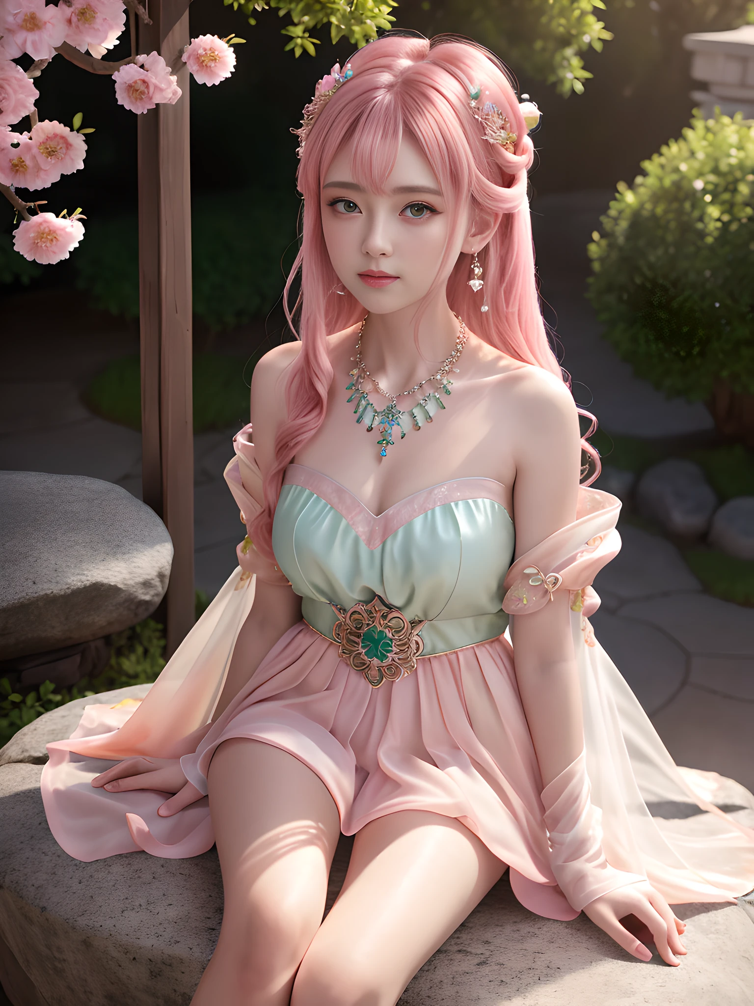 Best Quality, Masterpiece, High Resolution, 4K, 8K, Realistic, Real, Photography, Photo, 1girl, Solo, Mature Girl, Fairy, Detailed Hanfu, Light Green Dress, Bandeau, Leaky Shoulders, Bare Legs, Medium chest, Erlang legs, sitting on stone, facing the audience, exuding charm, pink hair, (beautiful hair accessories), necklace, jewelry, beautiful Peugeot face, (big eyes), blush, star pupils, plump figure, outdoor, courtyard, full of peach blossoms, edge lighting, two-tone lighting, (High Detail Skin: 1.2), 8K UHD, DSLR, Soft Light, High Quality, Volumetric Light, Voy Shot, Background Blur