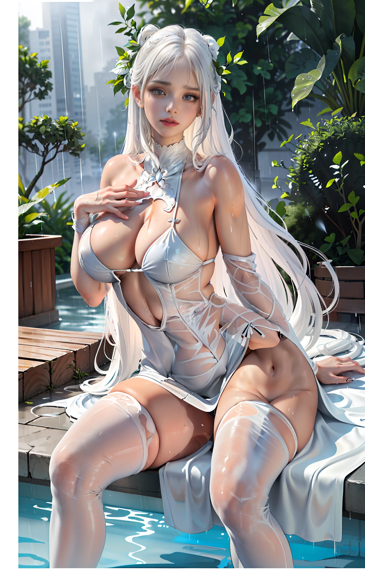 Thick fleshy thighs tightened by white stockings, huge breasts. Transparent gauze, painting, (best quality, 4k, Masterpiece: 1.4), Beautiful Woman, Surreal, 1 Girl, ((Facing the viewer, hand caressing her own chest)), (Sagging breasts, charming body: 1.6), Sit-ups: 1.1, Long white hair: 1.8, (Wet Rain, Rain Wet, Wet Body: 1.7), Ultra-detailed face, detailed lips, detailed eyes, double eyelids, sexy low-necked dress, open neckline, hanging breasts, side pose, visible curves, pool party, poolside, white transparent robe, muscle-turning legs