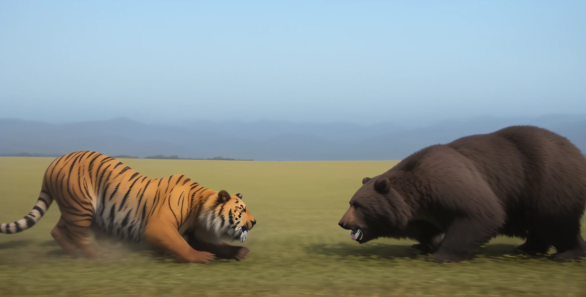 There is a bear fighting a tiger in the field, still from nature documentary, still from nature documentary, amazing CGI, Houdini VFX, fierce battle, CGI animation, animated movie stills, reality CGI, animated film shooting, animated movie scene, animated movie stills, CGI animation, animated film, movie battle, animated photography, movie CGI, intense battle --auto --s2