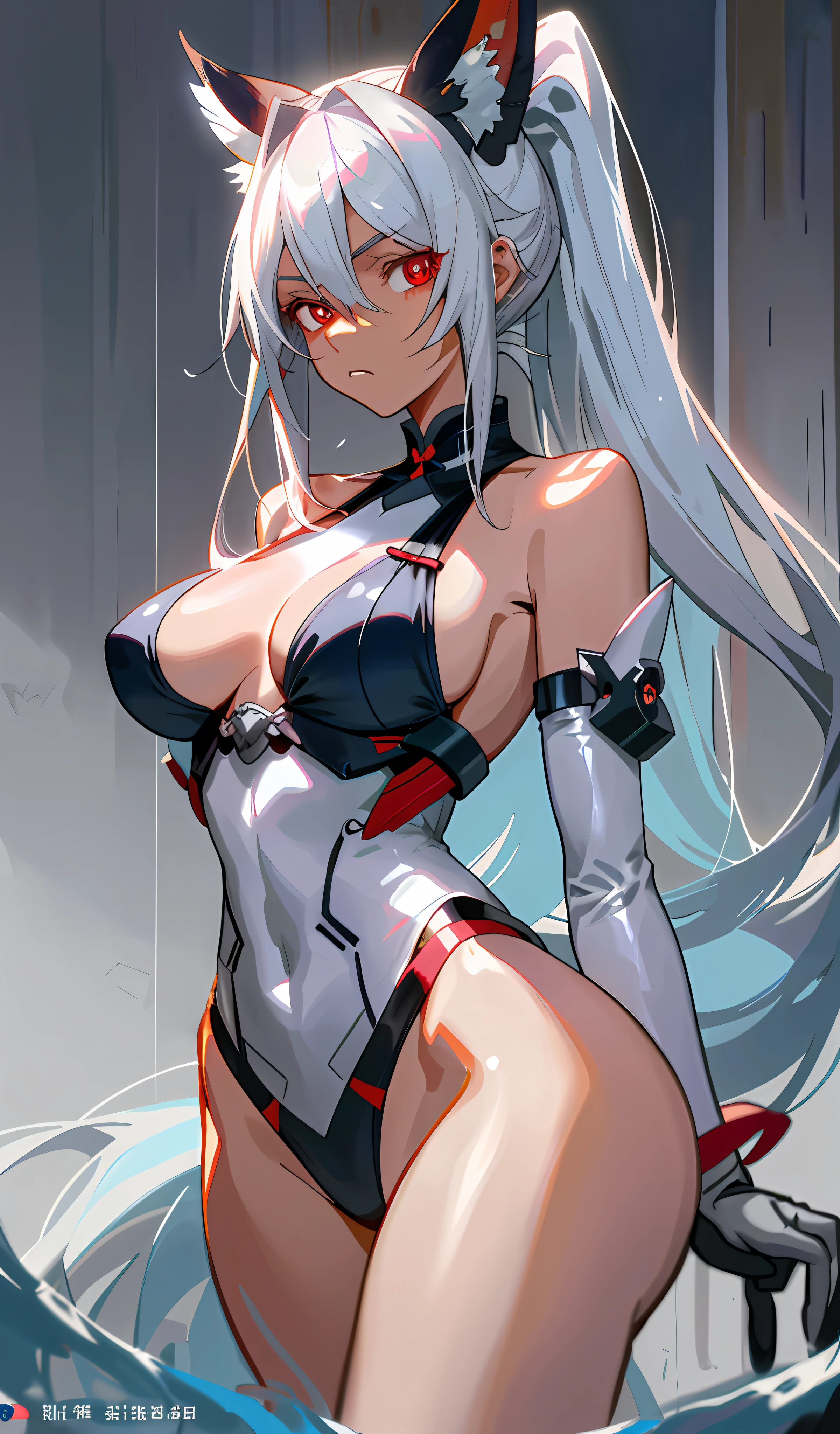Anime girl posing with long white hair and black panties, double tail white_gloves, by Shitao, from Girl Front, pixiv 3dcg, in pixiv, zero zen art, pixiv, pixiv, guweiz in pixiv art station, azur lane style, digital art in pixiv, pixiv style, dark skin, red pupils, swimsuit, character concept design, expression of disgust, expression of disdain, delicate flesh, highlighting the sense of flesh, Prominent buttocks, long silver gray hair, double ponytail hairstyle, 8k, splash anime art, cute anime style, erotic action, highlight nipple