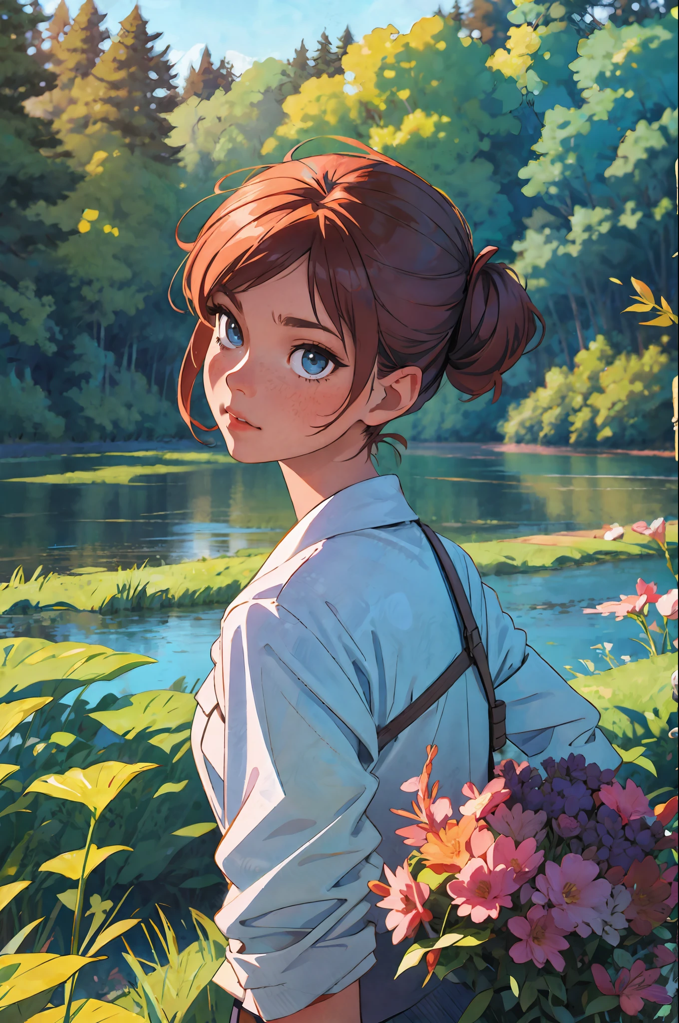 there is a woman standing on a bridge with a cell phone to her ear, photo taken in 2 0 2 0, close up view of the face in front of a forest background, river in the background, standing next to water, taken in 2 0 2 0, lake in the background, bokeh in the background only, with earth in the background, 😭 🤮 💕 🎀