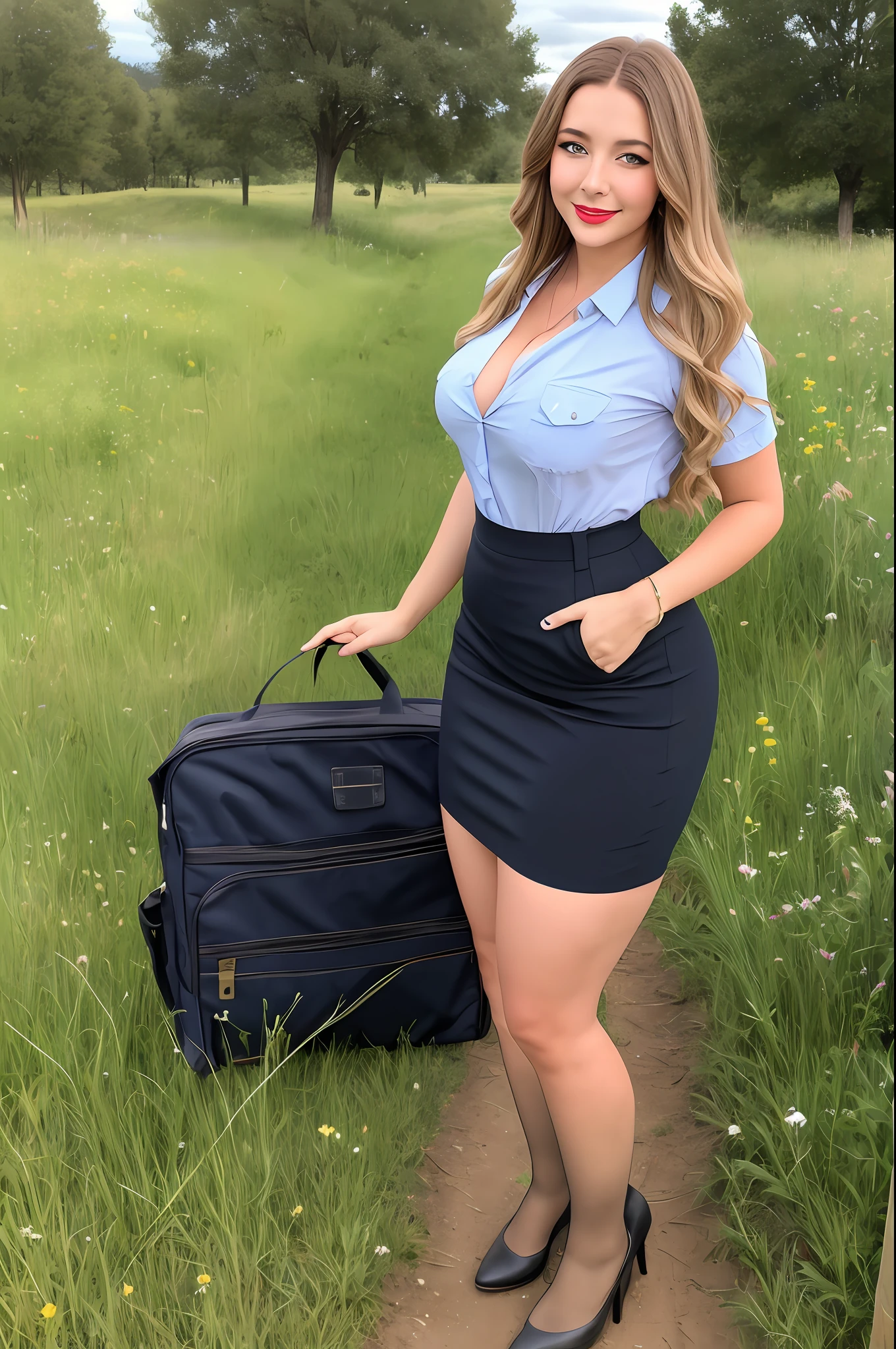 Meadow, pasture, dirt road, clear sky with some clouds, bushes,depravity,thick thighs, cleavage, woman,teacher,pencil skirt, lipstick,makeup, pantyhose,  (school background),