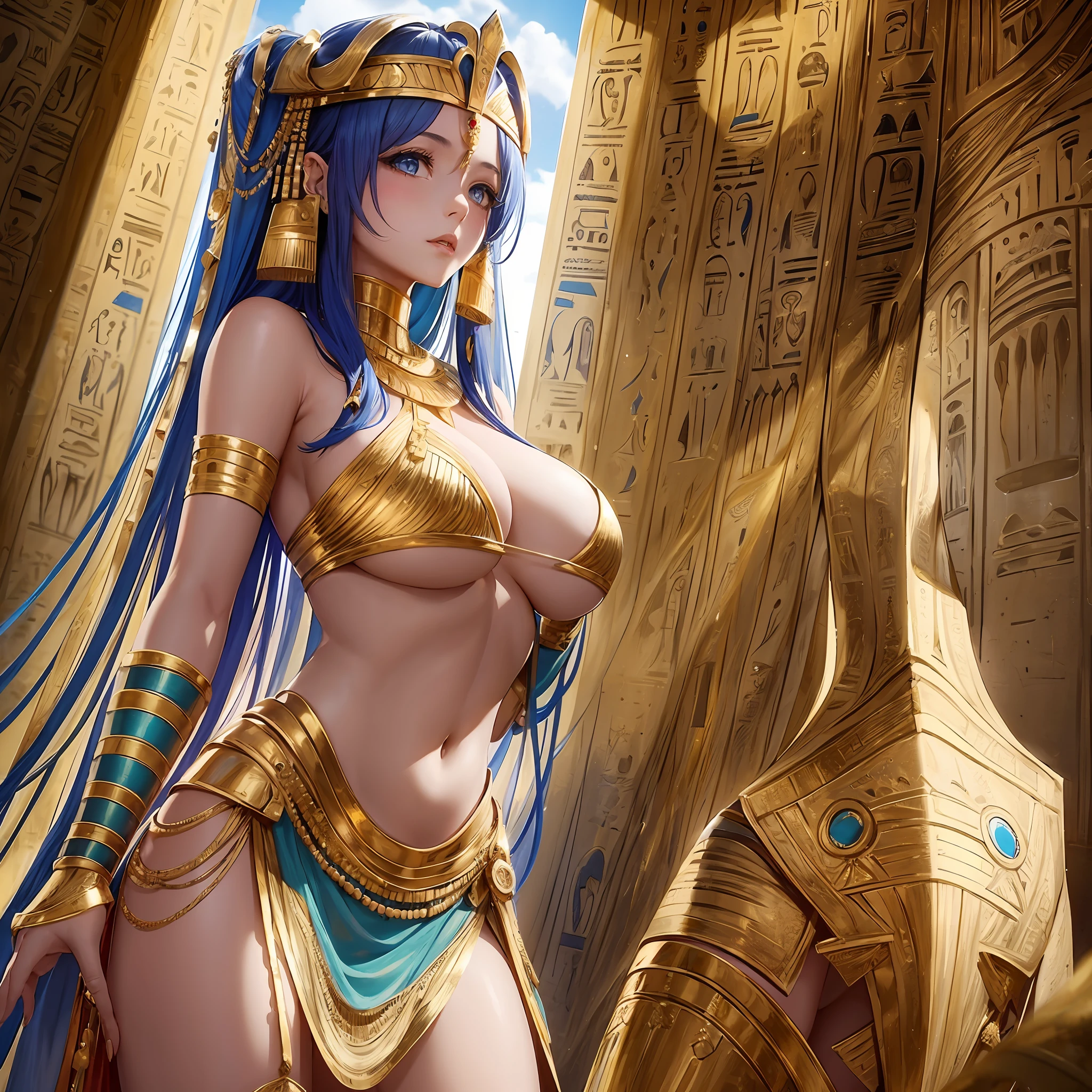 Beautiful girl weaing ancient egyptian outfit, clad in gold, topless with gold ornaments covering boobs, underboob, epic cleavage, --auto --s2