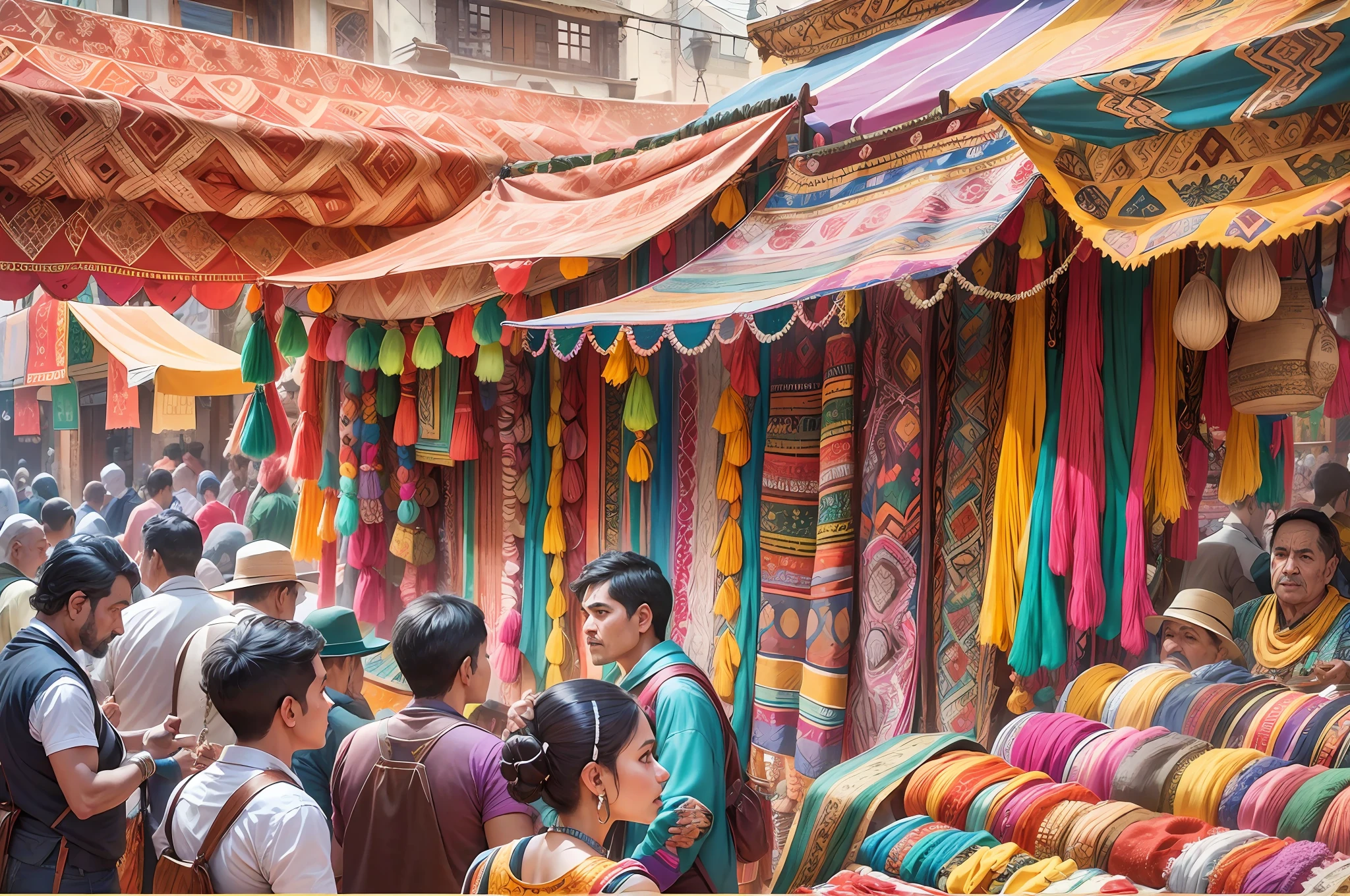 Mideastern marketplace, haggling for colorful fabrics, bustling atmosphere, vibrant textures, exotic goods, intricate patterns, cultural motifs, rich colors, busy stalls, flowing fabrics, diverse wares) --auto --s2