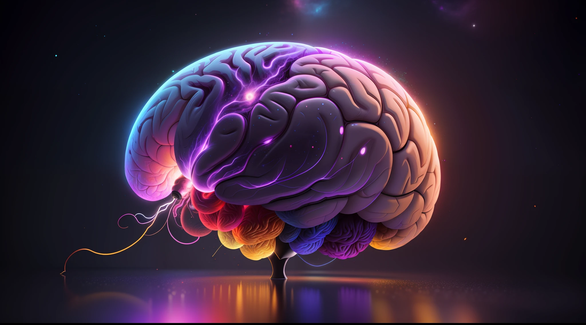 brain, mind, universe, colorful, vibrant, realistic image, lights, lighting, high details, 8k, high-quality:: dof, --ar 2:1