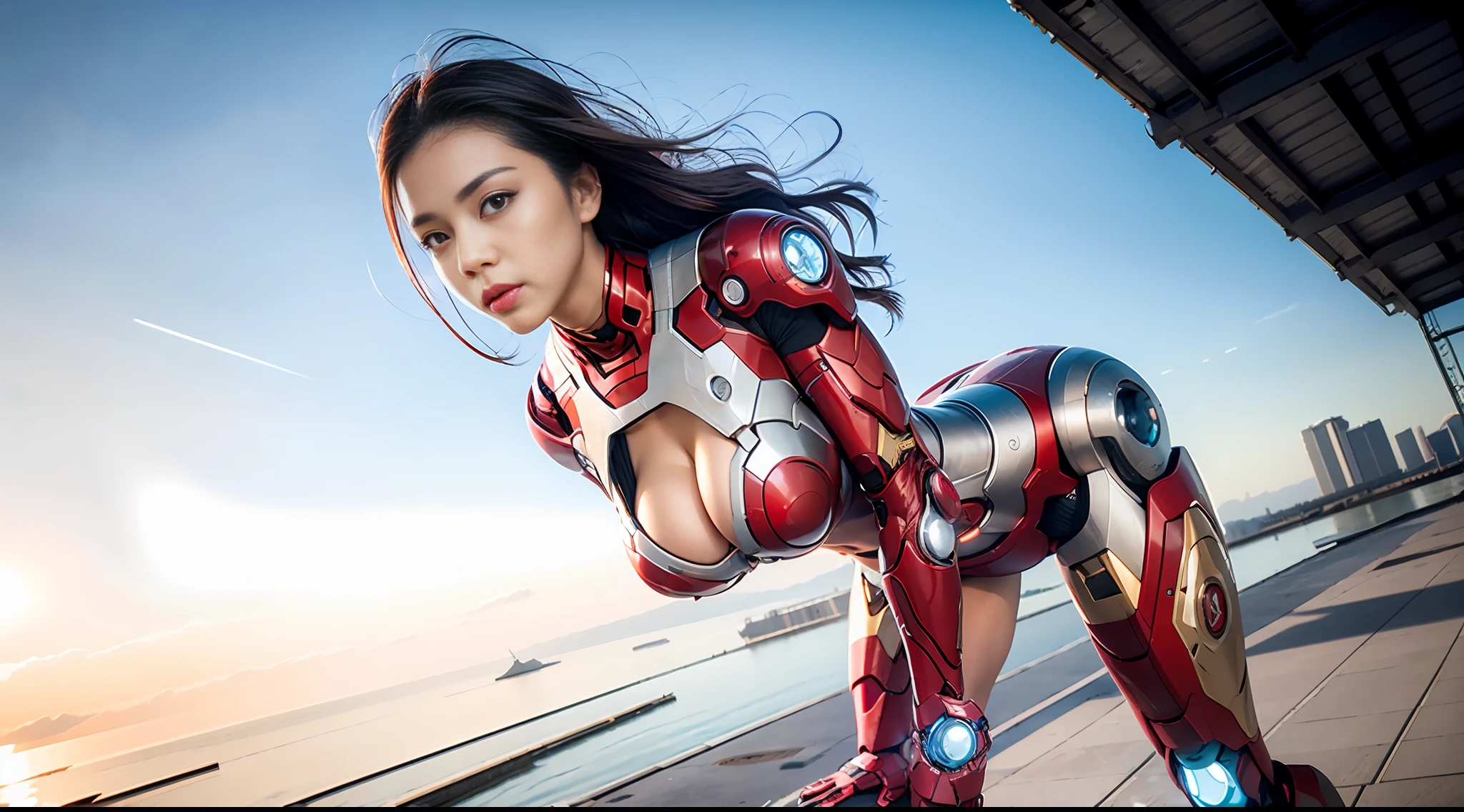 RAW, Masterpiece, Ultra Fine Photo,, Best Quality, Ultra High Resolution, Photorealistic, Sunlight, Full Body Portrait, Stunningly Beautiful,, Dynamic Poses, Delicate Face, Vibrant Eyes, (Side View) , she is wearing a futuristic Iron Man mech, red and gold color scheme, highly detailed abandoned warehouse background, detailed face, detailed and complex busy background, messy, gorgeous, milky white, high detailed skin, realistic skin details, visible pores , sharp focus, volumetric fog, 8k uhd, dslr camera, high quality, film grain, fair skin, photorealism, lomography, sprawling metropolis in futuristic dystopia, view from below, translucent, big breasts