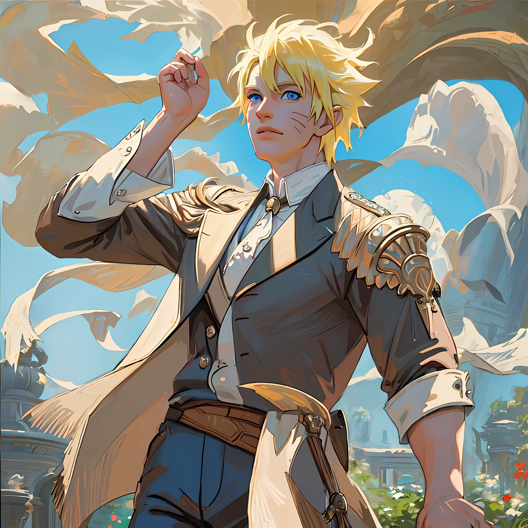((((masterpiece)))), (best quality), ((Hyper detailed)), ((High detail)), ((Exquisite detail)), (1 boy), (solo), (cowboy shot), (looking at viewer),((outside)), (((antique))), ((palace)), ((garden)), ((fountain)),
(flower), ((mature male)),((victorian outfit)), ((tall and muscular)), ((whiskermark)), (short hair), uzumaki naruto, ((blonde hair)), detailed lips, (((prince))), ((blue eyes)), nobility,  ((long pant))