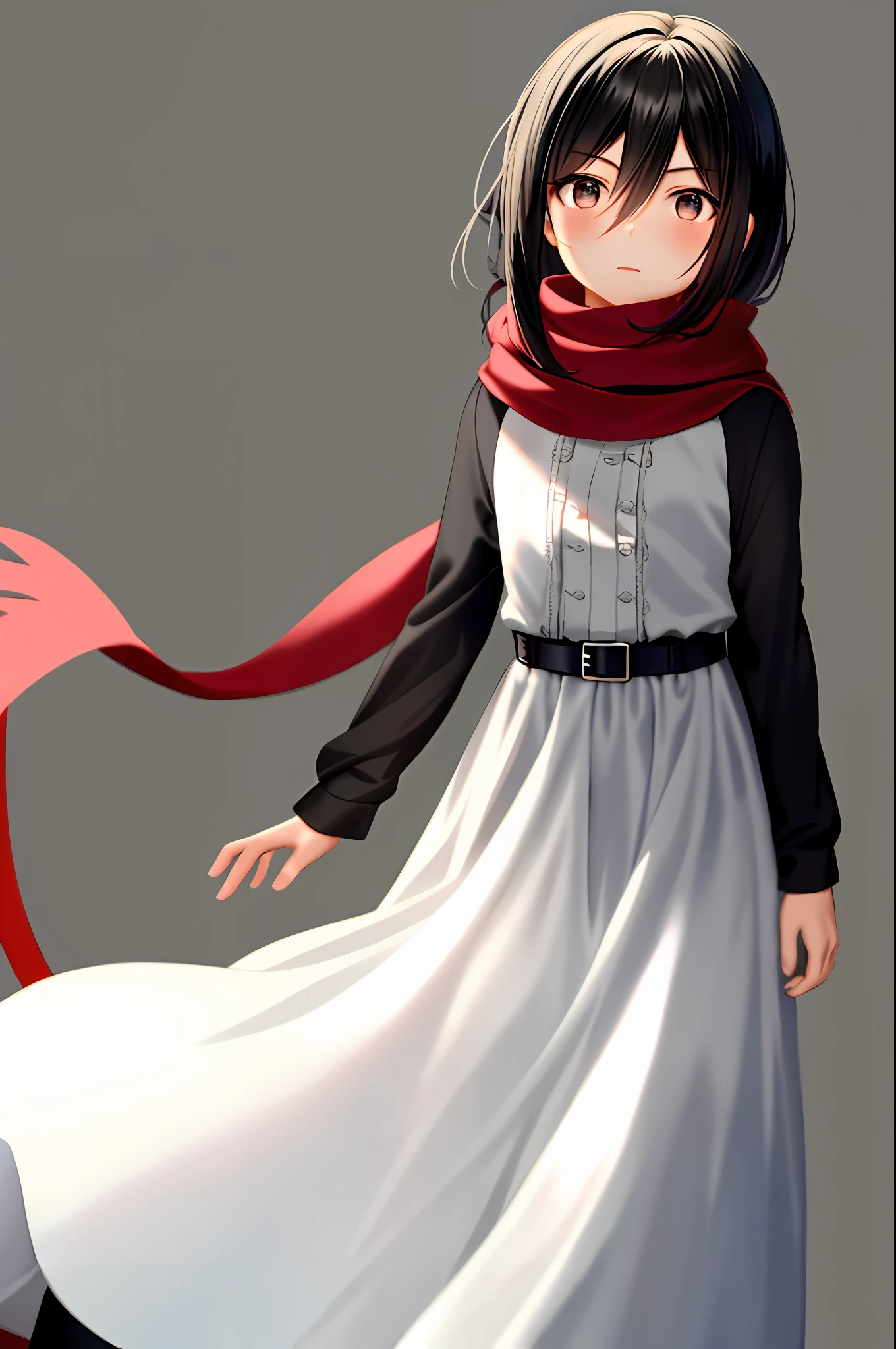 mikasa ackerman, young, , child vn, kid version,ingeki no kyojin, 1girl, bangs, black eyes, black hair, hair between eyes, red scarf, scarf, solo, standing, straight hair, long hair, white dress, 1:5,

, ((masterpiece))