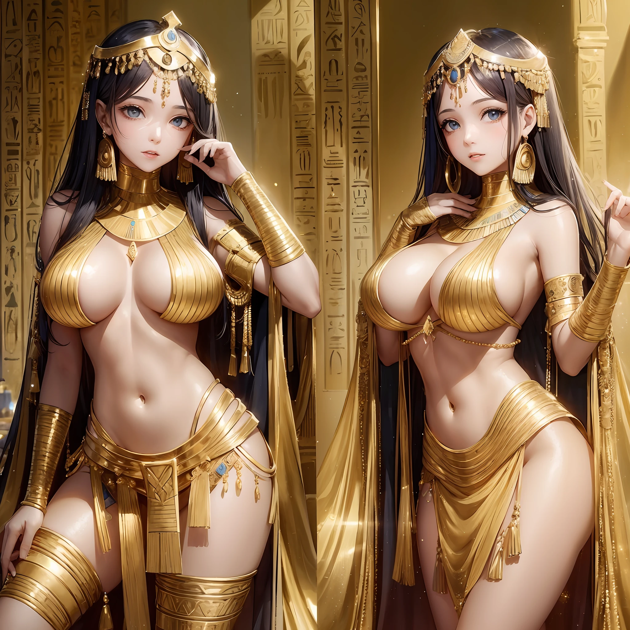 Beautiful girl  weaing ancient egyptian outfit, clad in gold, topless with gold ornaments covering boobs, underboob, epic cleavage, --auto --s2