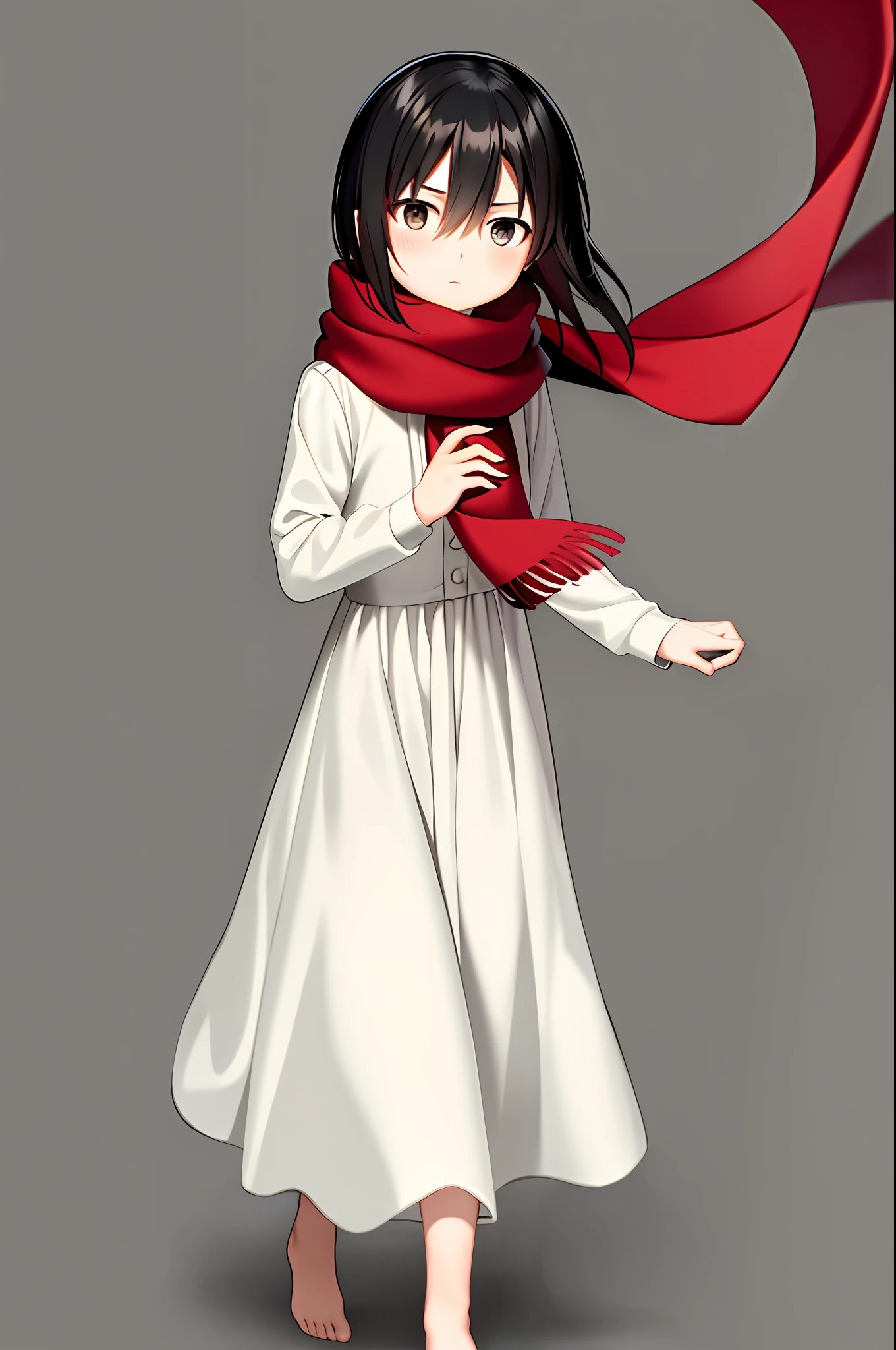 mikasa ackerman, young, ??? age, child version, ??? version, shingeki no kyojin, 1girl, bangs, black eyes, black hair, hair between eyes, red scarf, scarf, solo, standing, straight hair, long hair, white dress, 1:5,
, ((masterpiece))