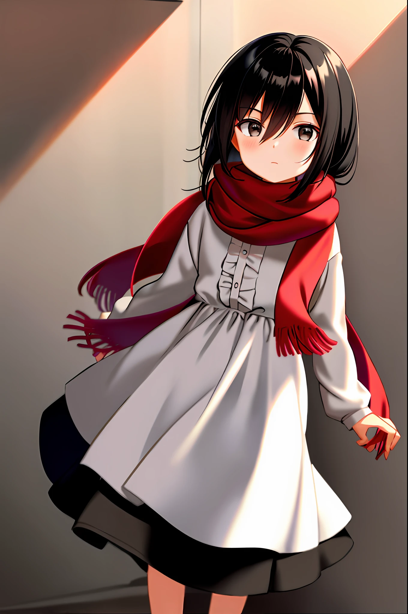 mikasa ackerman, young, , child vn, kid version,ingeki no kyojin, 1girl, bangs, black eyes, black hair, hair between eyes, red scarf, scarf, solo, standing, straight hair, long hair, white dress, 1:5,
, ((masterpiece))
