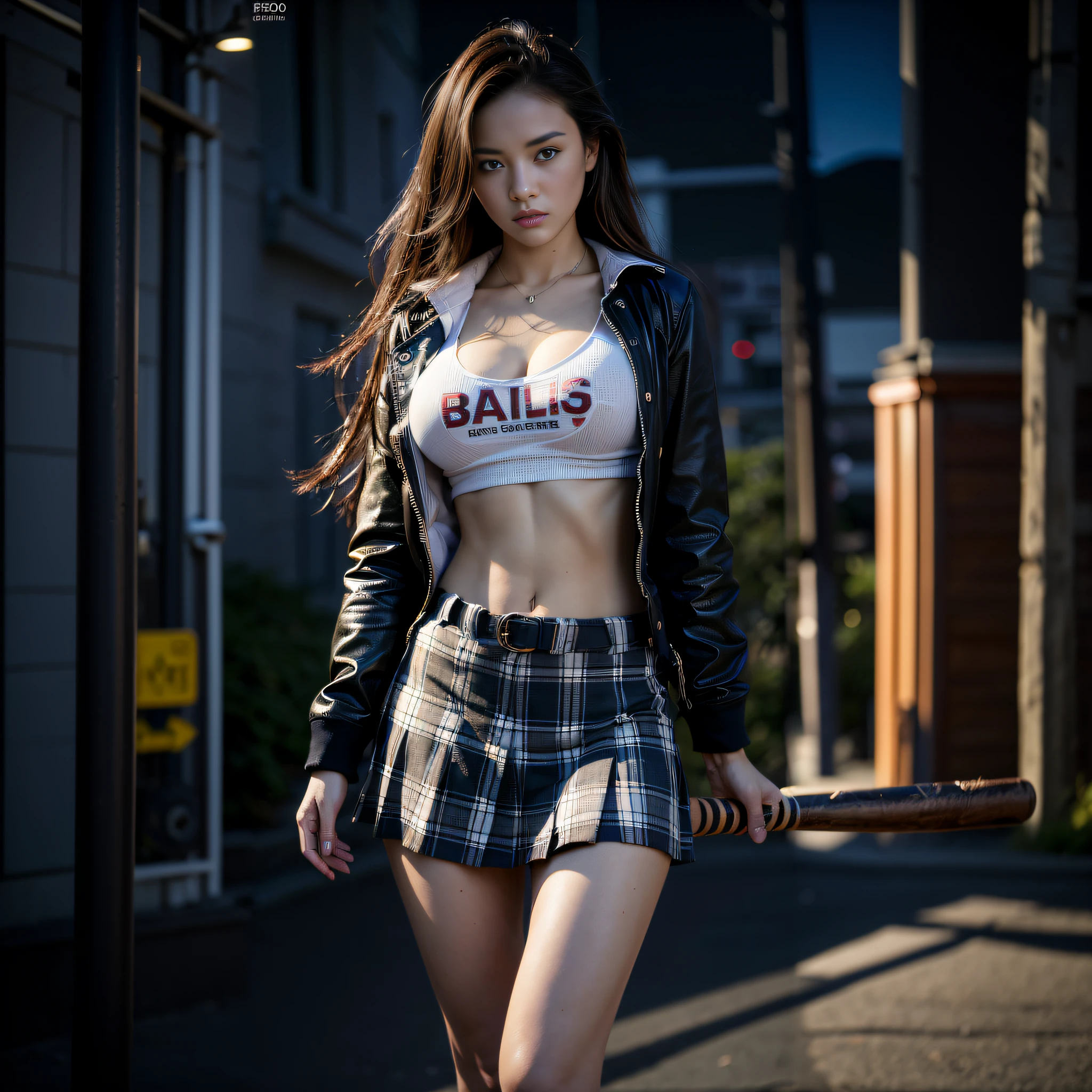 Best quality, masterpiece, ultra high res, (photorealistic:1.4), raw photo, (perfect body shape), (slim:1.2), dynamic pose, 1girl, (full figure:0.9), solo, big breasts, sagging breasts, ((torn school uniform:1.2)), plaid mini skirt, in the dark, (night time), ((holding a baseball bat on the street, looking fierce to camera direction:1.2)), deep shadow, low key, cold light 12000K