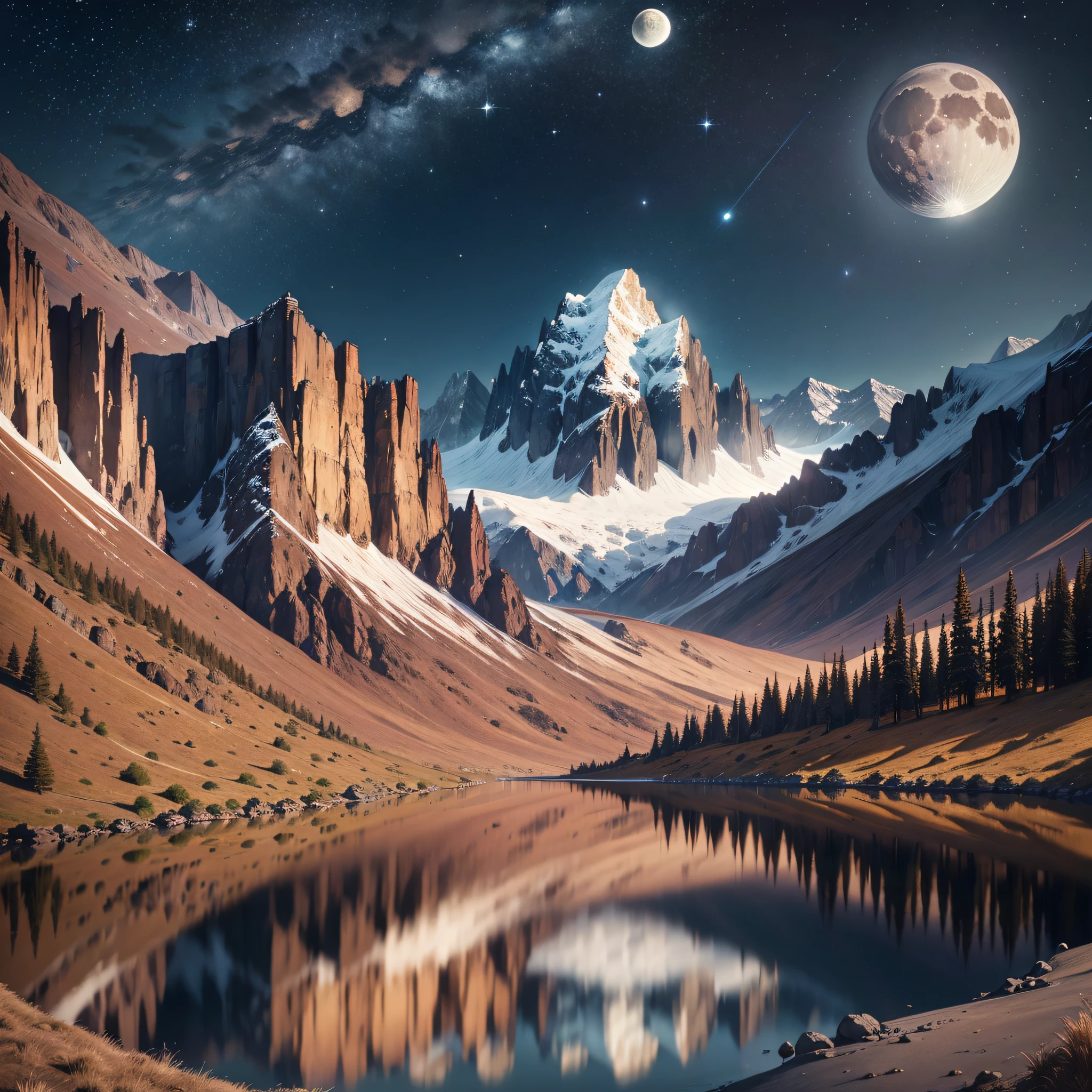 Very starry night. A giant moon behind the mountains. A tranquil lake reflecting the night. Realistic scene, detailed, photorealism, 8k