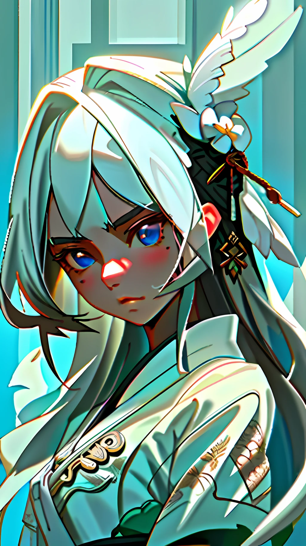 Black-haired girl in white brocade clothes, handsome, face close-up, handsome, long hair, aggressive, handsome face, white, white, bird::0.5, feather, carefree, close-up, surrealism, 2.5D, 3D, face modeling, light and shadow Rendering, cool colors, cool colors.
