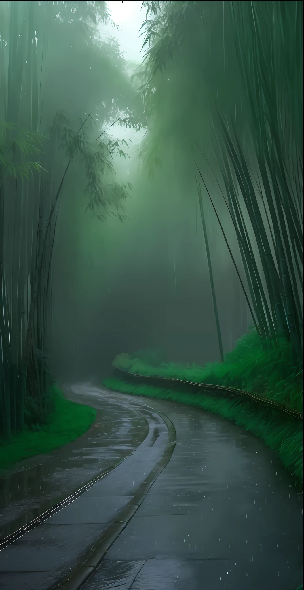 there is a road that is lined with trees and grass, misty japanese bamboo forest, green rain, misty and raining, japan lush forest, really beautiful forest, beautiful forest scenery, rainy environment, nature wallpaper, quiet and serene atmosphere, bamboo forest, peaceful lushious forest, rainy and wet atmosphere, walking in a bamboo forest, rainy and gloomy atmosphere