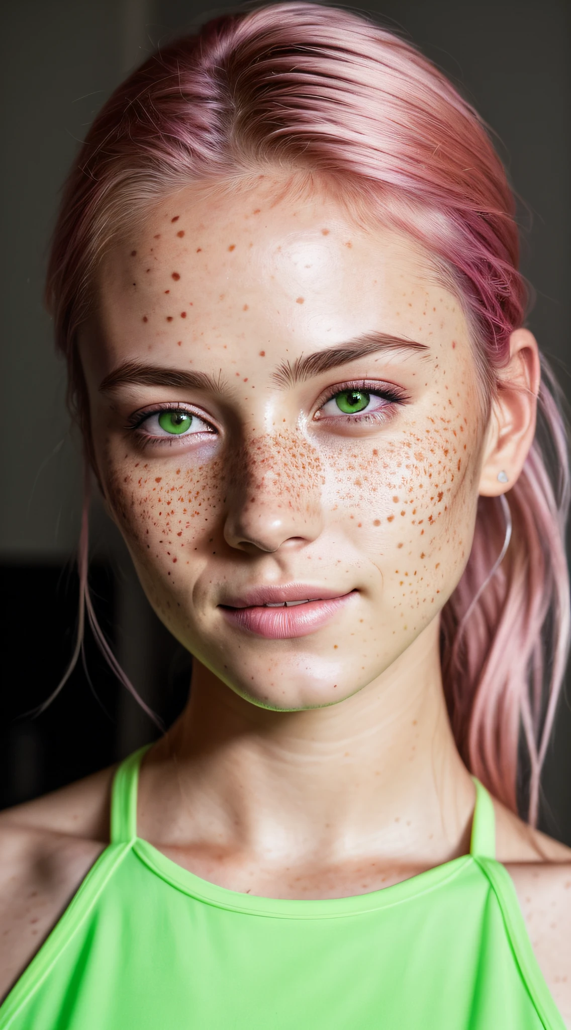 (RAW photo) night scene, ((full body photo of a sexy girl)), posing, looking at the viewer, smiling, pink hair in a ponytail, (green eyes: 0.8), handsome young face, 18 yo, soft volumetric lights, soft key and fill lighting, (backlit: 1.3), (cinematic: 1.3), intricate details, (ArtStation: 1.2), skin spots, (freckles: 0.9), detailed eyes,  micro details, FUJI XT3, photorealistic, photorealism