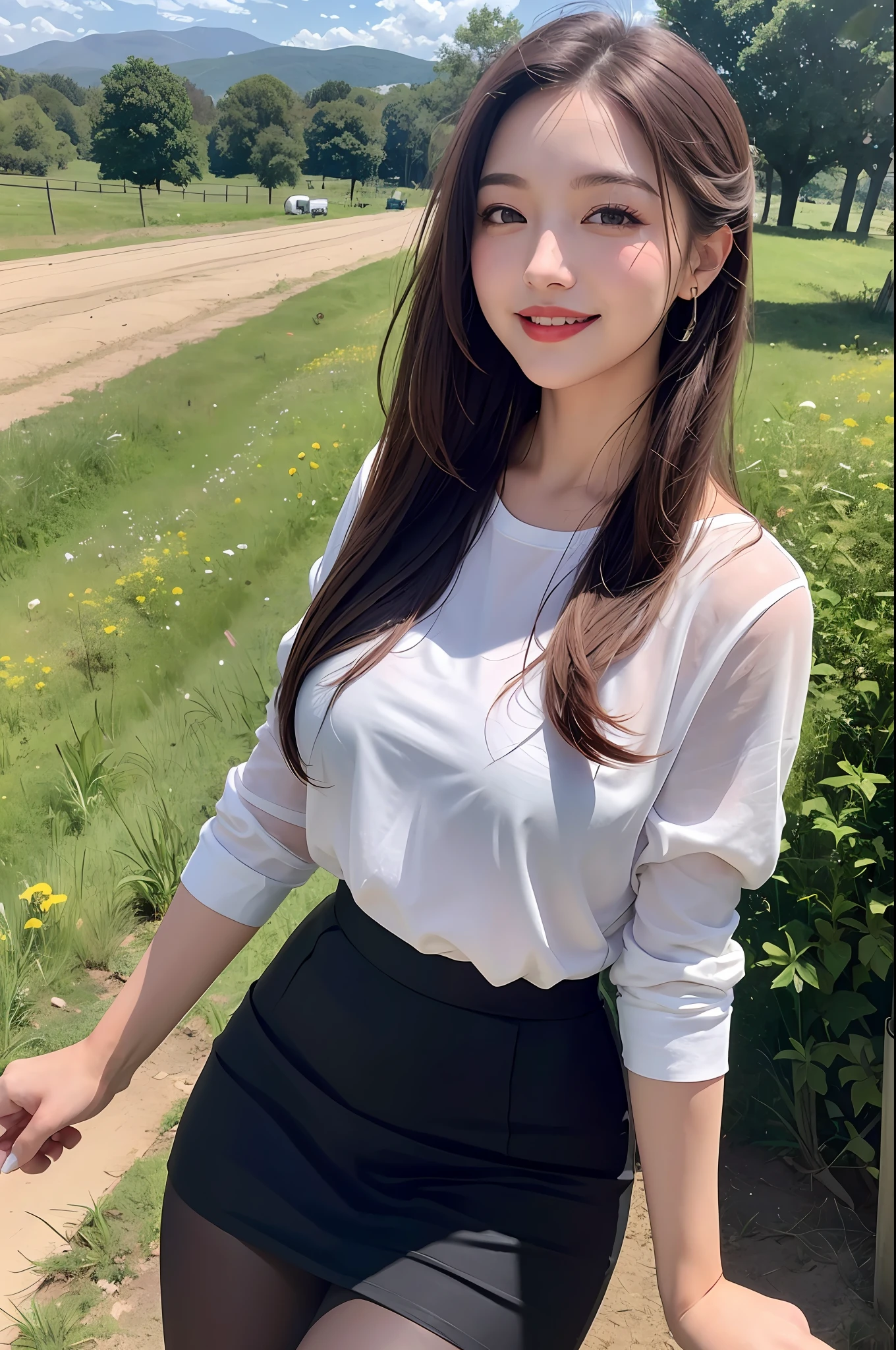 4K, Meadow, pasture, dirt road, clear sky with some clouds, bushes,depravity,thick thighs, see-through, woman,teacher,pencil skirt, lipstick, makeup, smile, pantyhose,