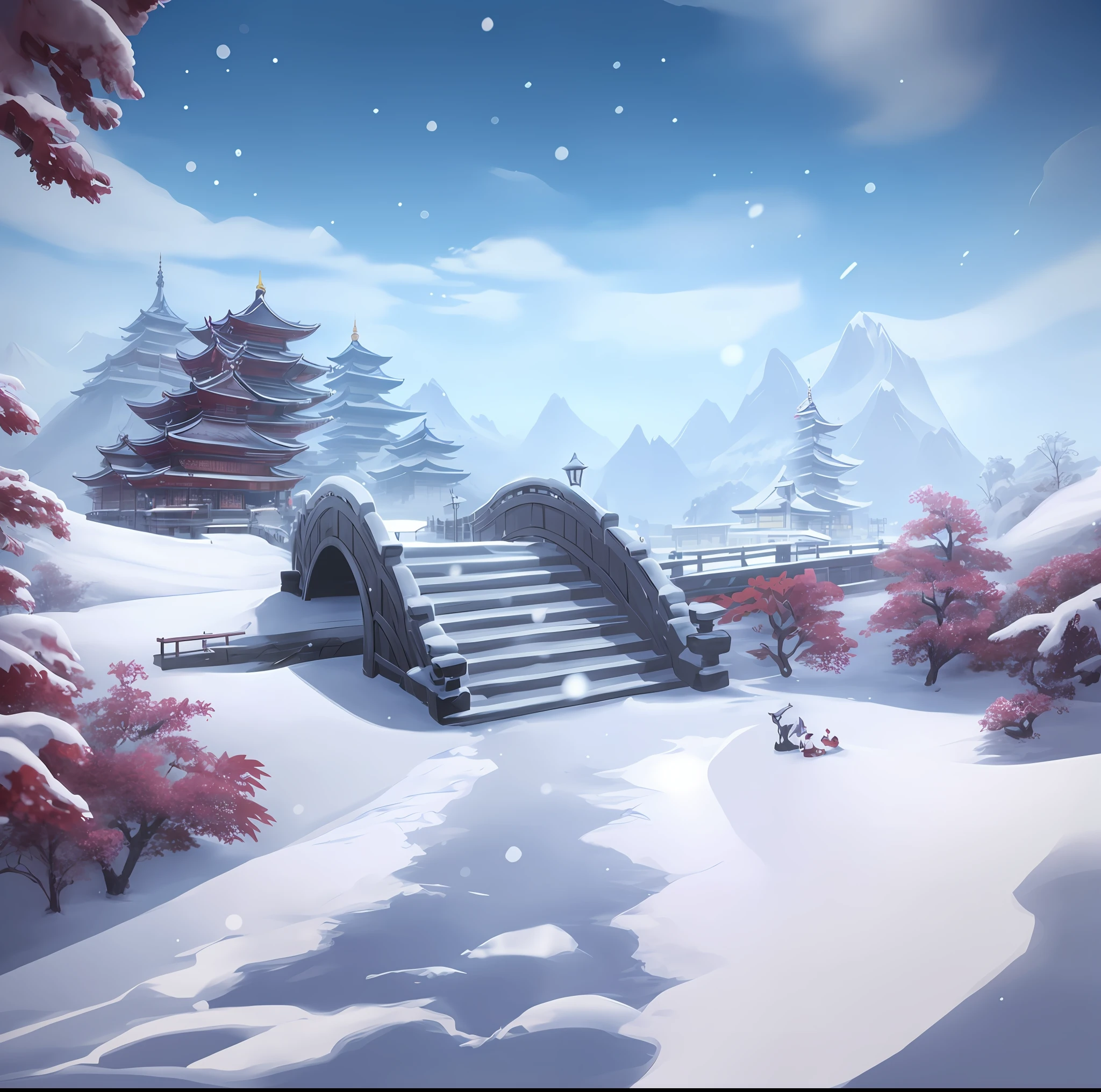 snowy landscape with a bridge and pagodas in the background, onmyoji detailed art, winter concept art, snowy environment, background art, onmyoji, background artwork, stylized concept art, anime background art, inspired by Josetsu, game background, zen temple background, legend of korra setting, snow landscape background, anime scenery concept art, temple background