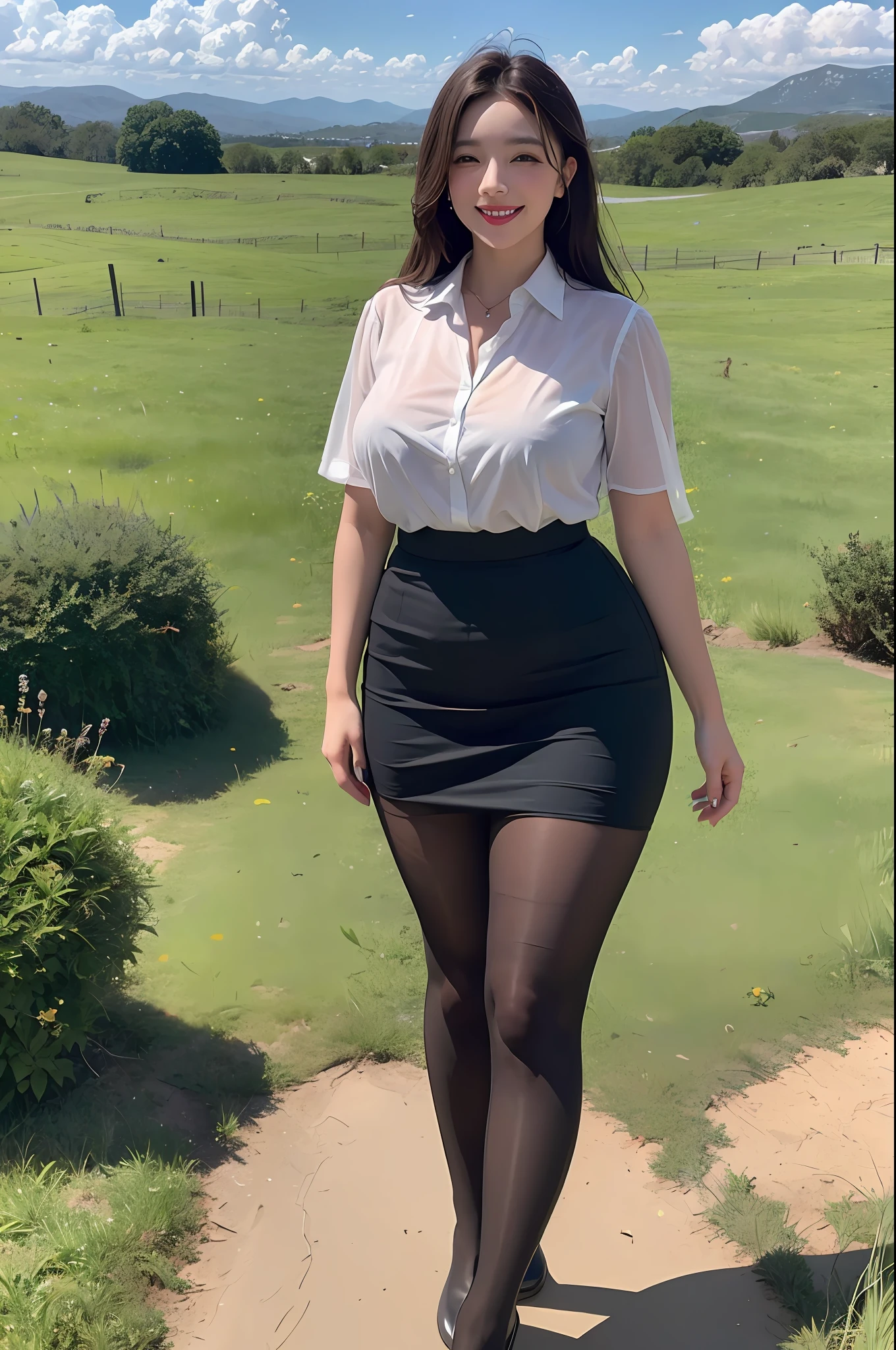 4K, Meadow, pasture, dirt road, clear sky with some clouds, bushes,depravity,thick thighs, see-through, woman,teacher,pencil skirt, lipstick, makeup, smile, pantyhose,