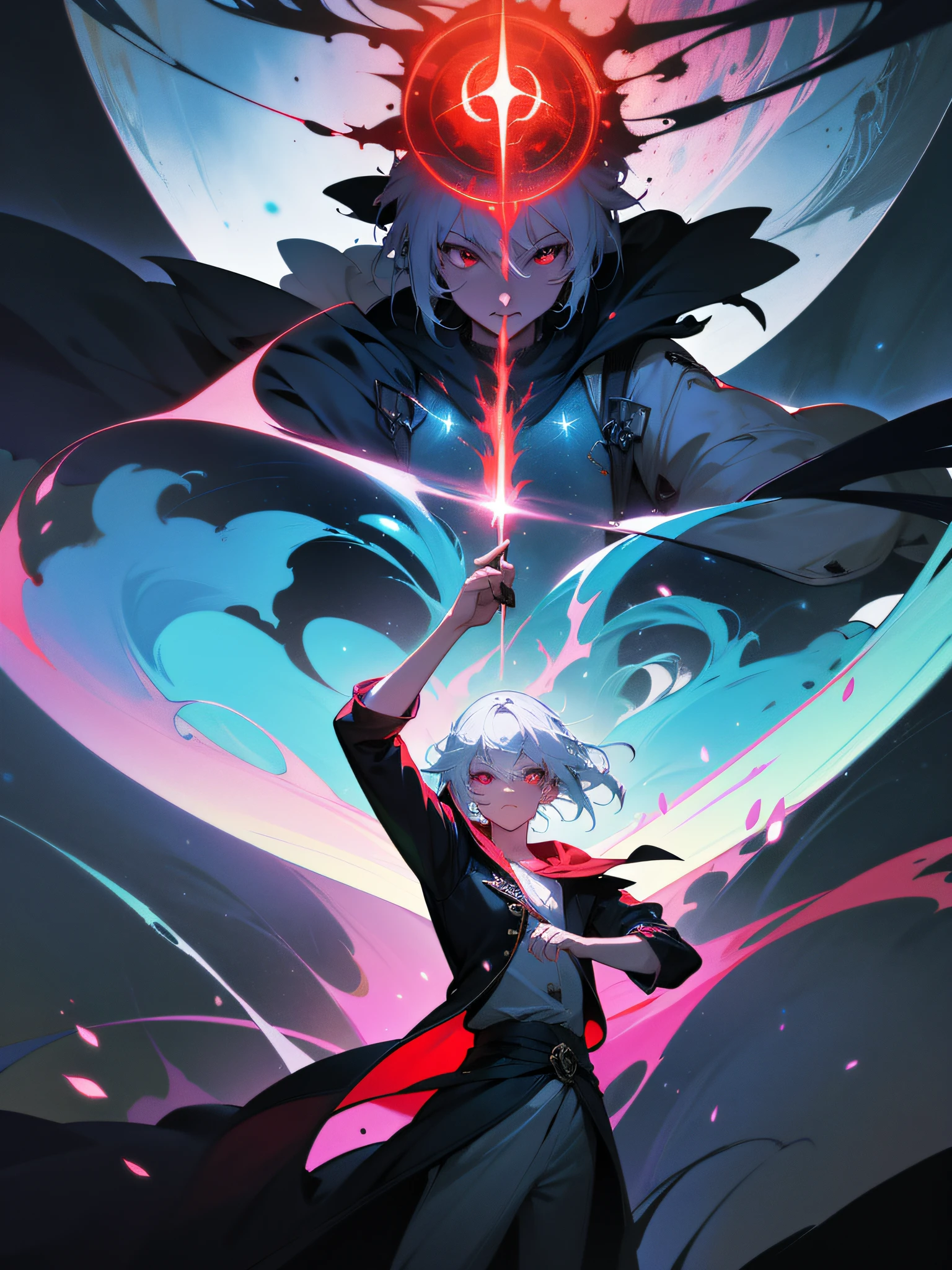 a painting that represents the essence of magic in your world, showing the white-haired, red-eyed protagonist with a mystical black mark on his neck immersed in a cascade of magical energy, with glowing particles dancing around him and arcane symbols forming in the air, masterpiece, best quality, ultra-detailed, illustration, 8k resolution concept art, fantasy art, epic art, concept art wallpaper 4k, deep color, natural lighting