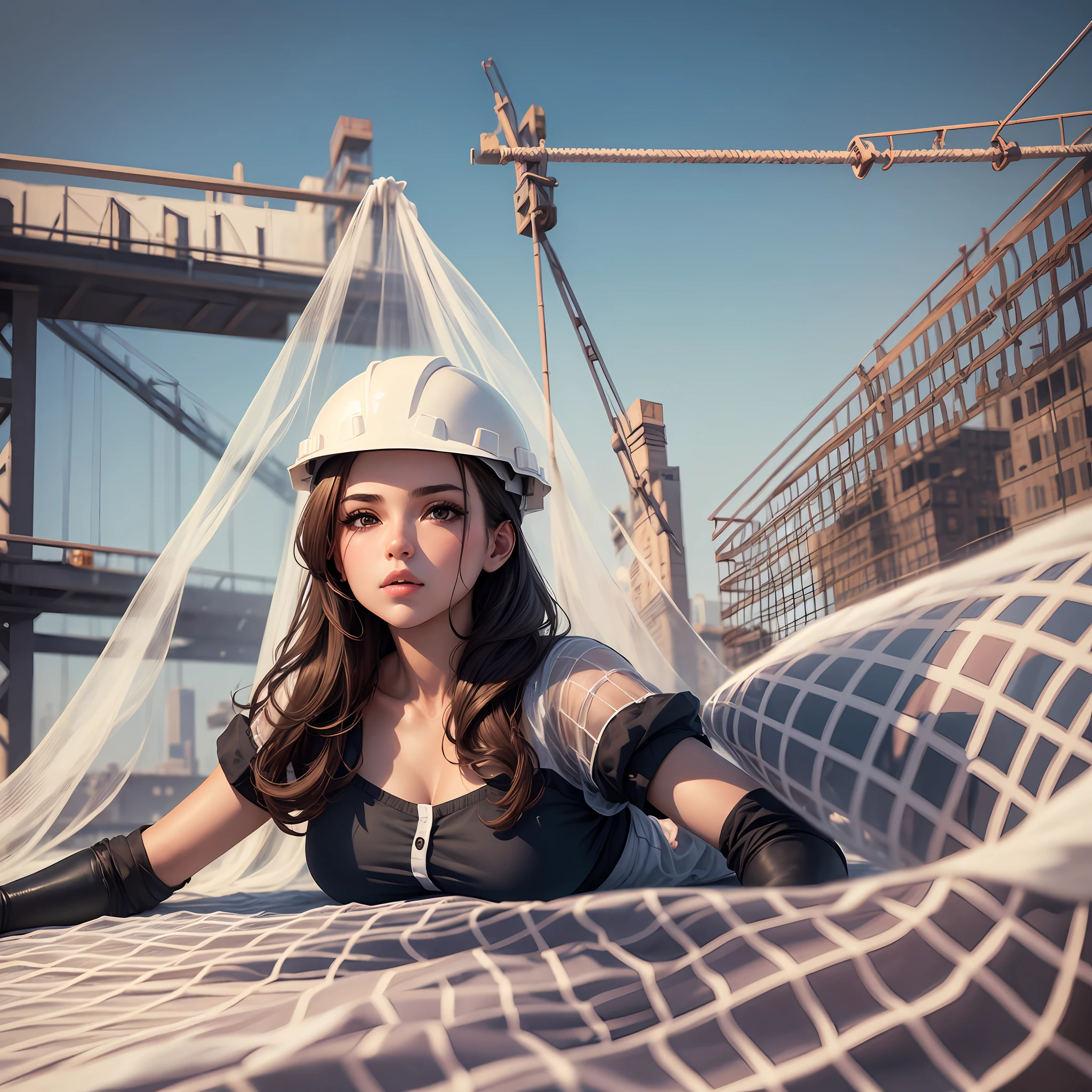 1 girl, brunet, (lying on top of white net), construction site, scaffolding --auto --s2