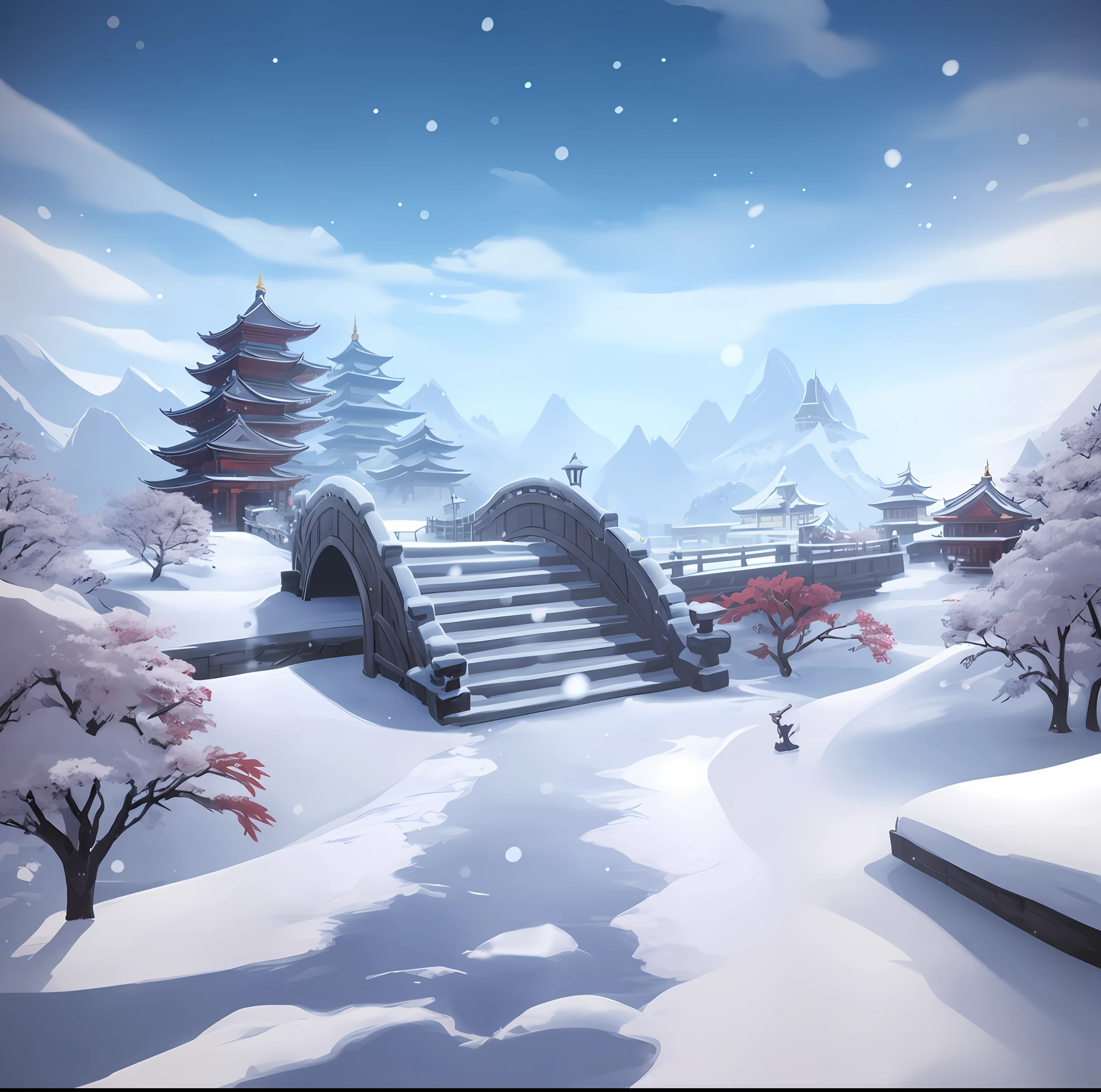 snowy landscape with a bridge and pagodas in the background, onmyoji detailed art, winter concept art, snowy environment, background art, onmyoji, background artwork, stylized concept art, anime background art, inspired by Josetsu, game background, zen temple background, legend of korra setting, snow landscape background, anime scenery concept art, temple background