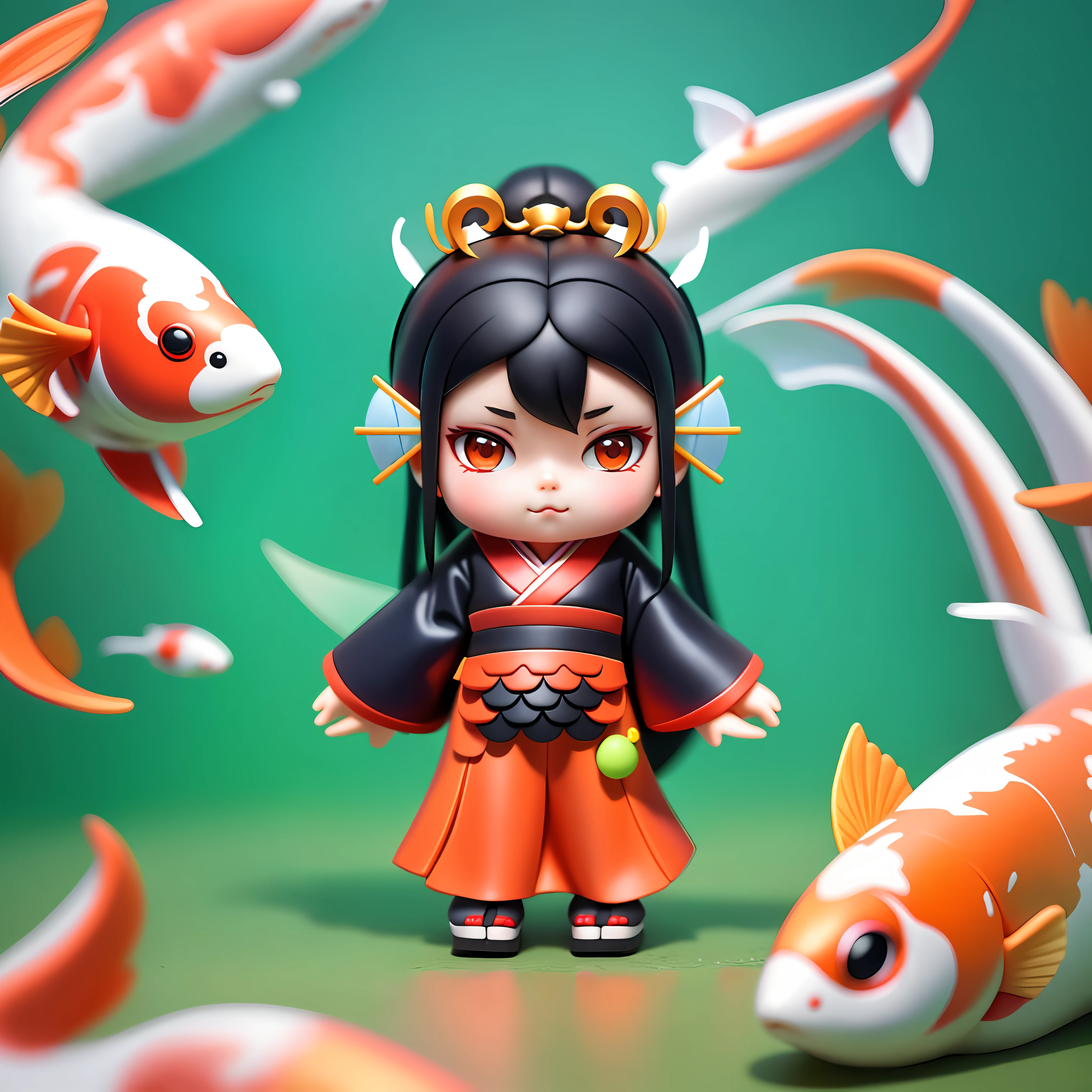 (Digital painting), (best quality), blind box toy style, cute girl, black hair, red hanfu, koi surrounded by koi