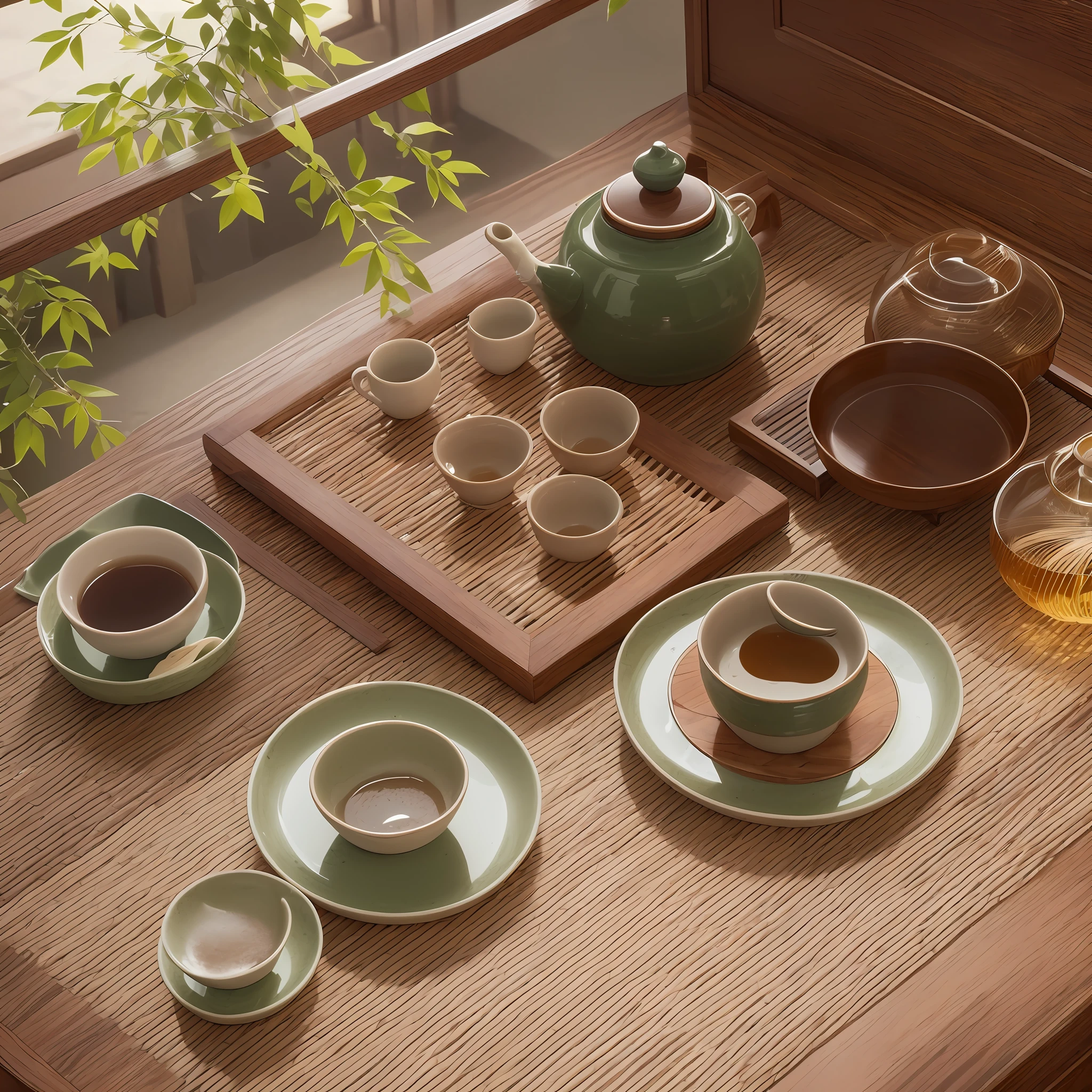 Product introduction photos, ceramics, white tea set, wooden tray, tea ceremony scene, large study room, wooden cabinet background, three Chinese girls, drinking tea, overhead angle, HD, landscape full shot, overall Chinese style, big scene, early morning sun, with green plants --auto --s2