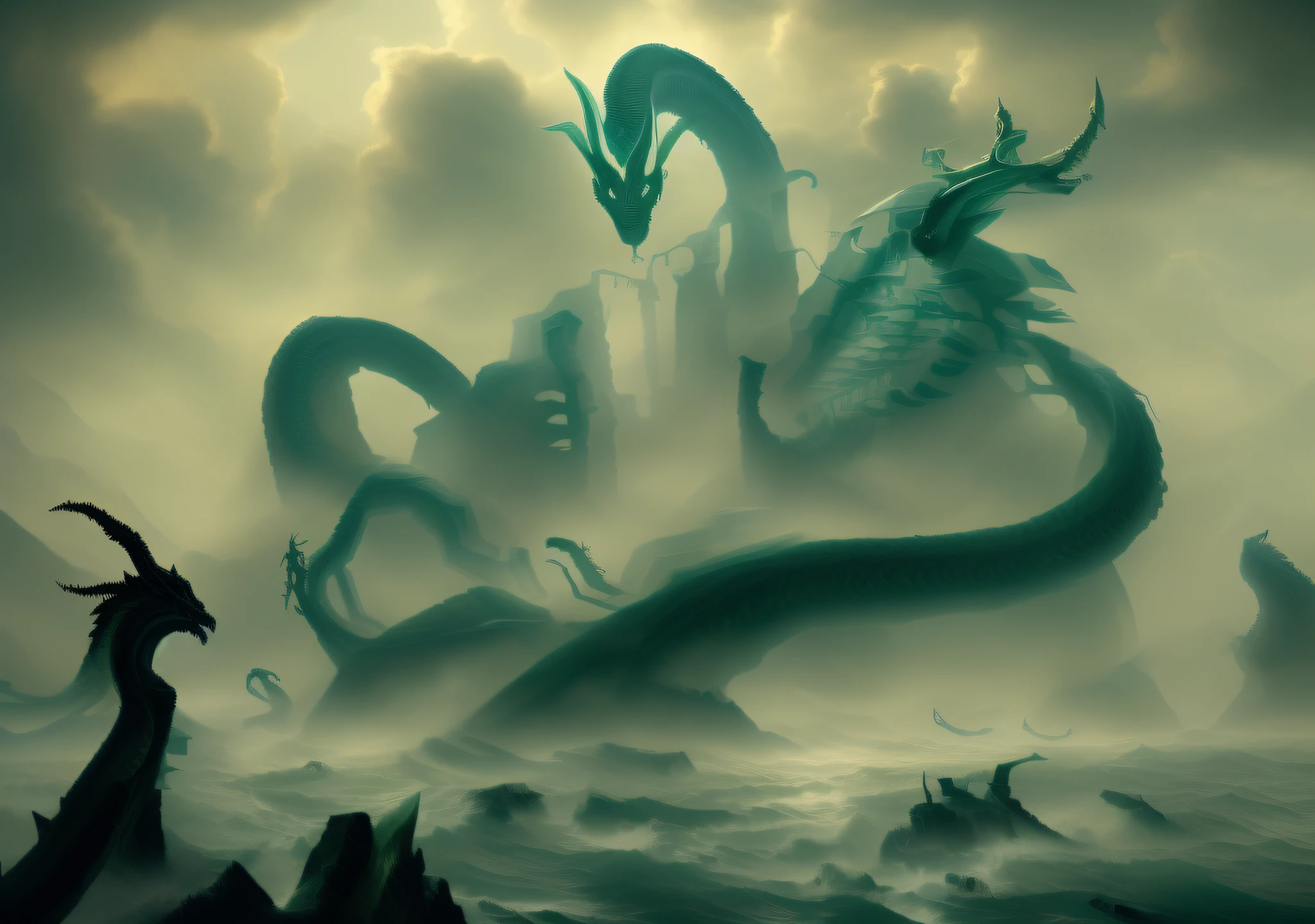 there is a dragon that is standing in the water, scylla and charybdis, sea serpent, serpentine water monster, sea monster, colossal dragon in background, cthulhu rising from the ocean, jormungandr, hydra, godrays digital painting, great leviathan, lovecraftian landscape, scylla, digital painting of quetzalcoatl, leviathan