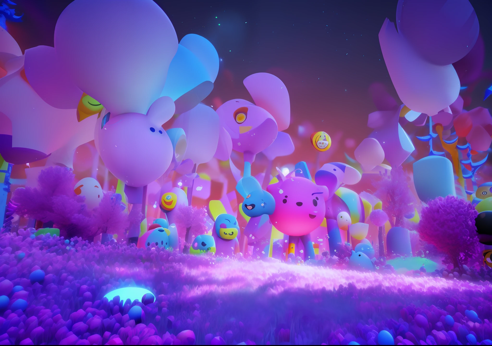 a group of cartoon characters in a field of purple balls, cinema 4d colorful render, colorful vivid octane render, 3d 8k octan render, lsd visuals, cute! c4d, trend on behance 3d art, trend on behance 3 d art, pop japonisme 3 d ultra detailed, cute 3 d render, rendered in cinema 4 d