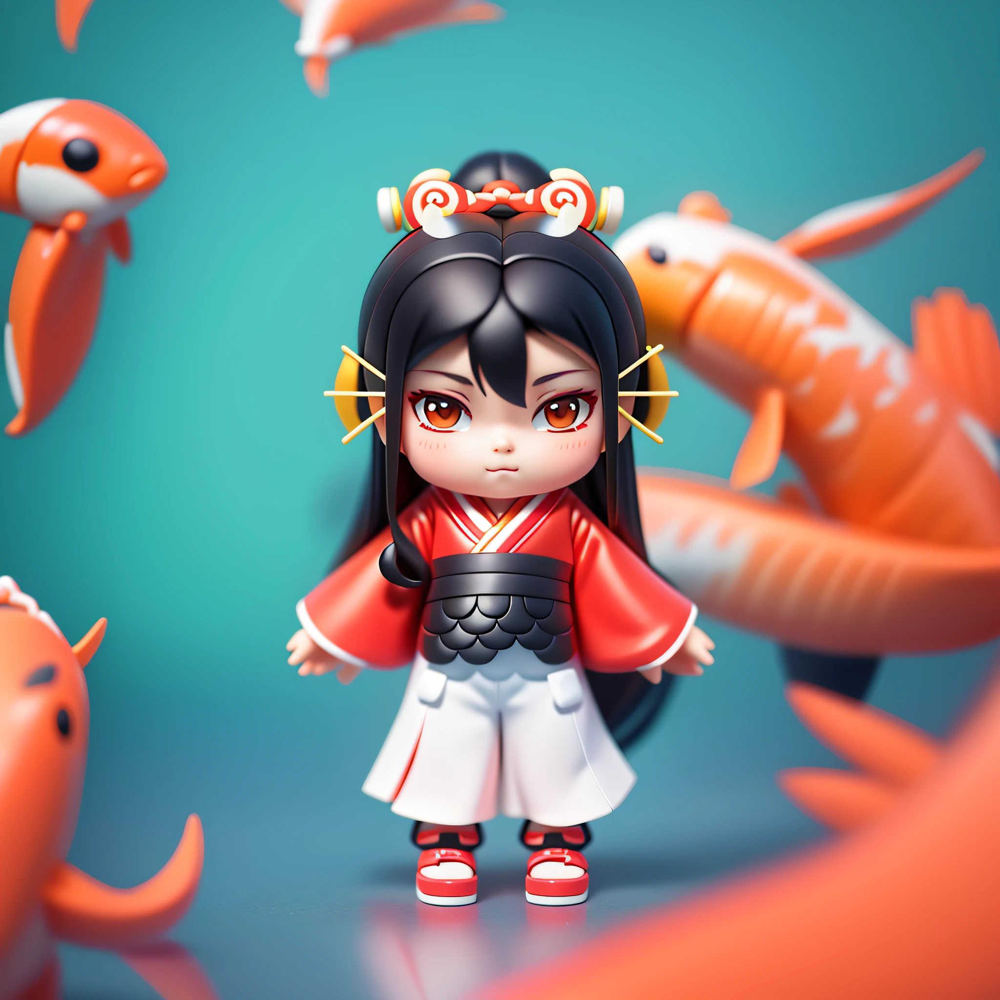 (Digital painting), (best quality), blind box toy style, cute girl, black hair, red hanfu, koi surrounded by koi