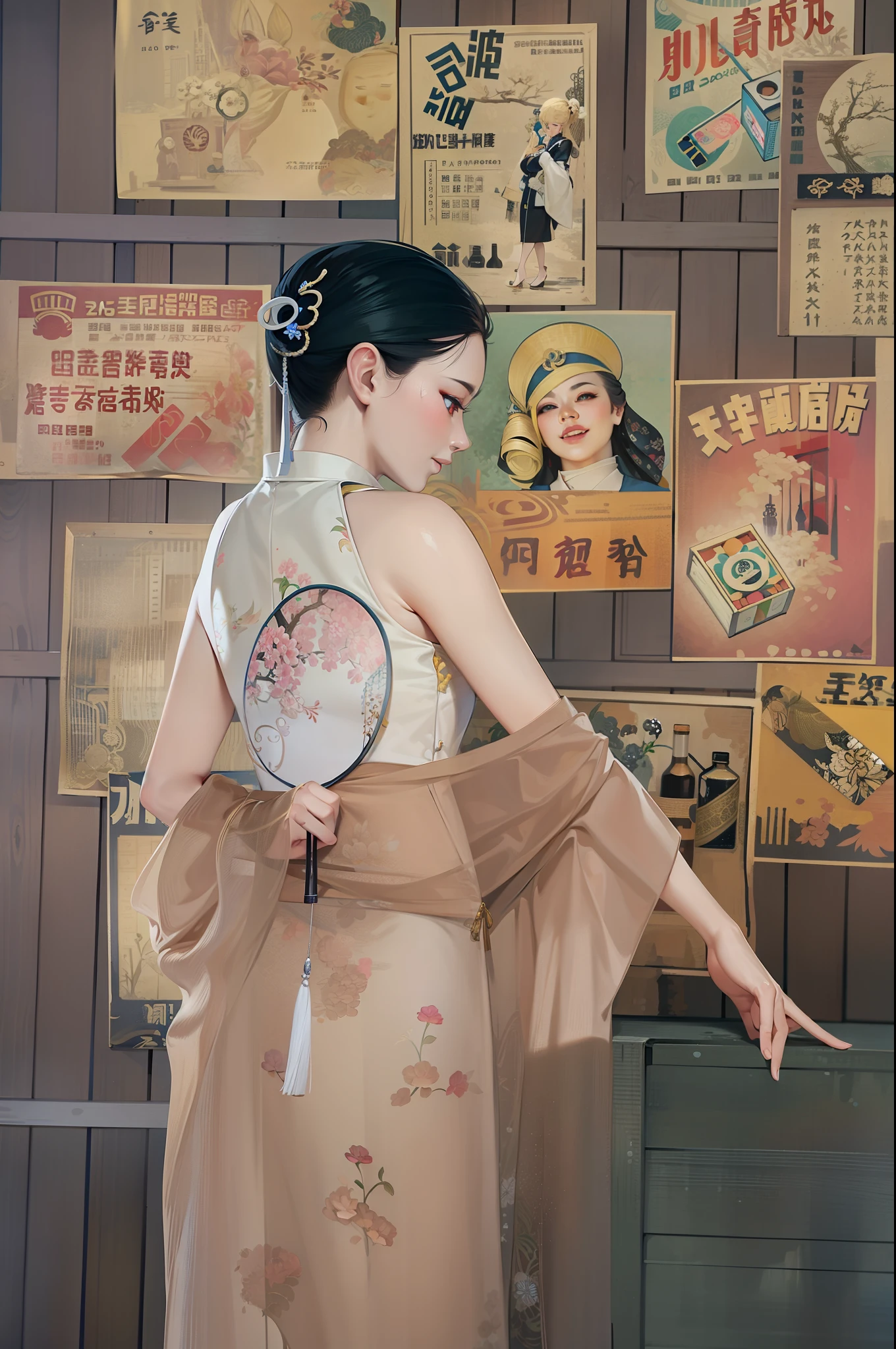 realistic, photography, fan, cheongsam, chinese clothing, chinese woman, hanfu, chinese style, (masterpiece:1,2), best quality, masterpiece, hires, original, extremely detailed wallpaper, perfect lighting, (extremely detailed CG :1.2), pearl skin, real skin, (extremely beautiful detail face), pleasant mood, detailed eyes, smile, (smooth chin: 0.85), blonde hair ornament,