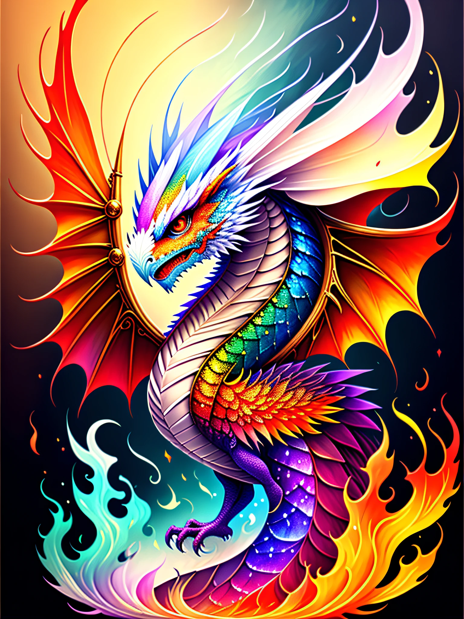Colorful dragon painting, dragon rising from ashes, breathtaking rendering, radial connection, Kinuko Y. craft inspired, melting Valpix, magic element, white eagle icon, wow, beautiful, multi cast colored spell, bright flare, flare