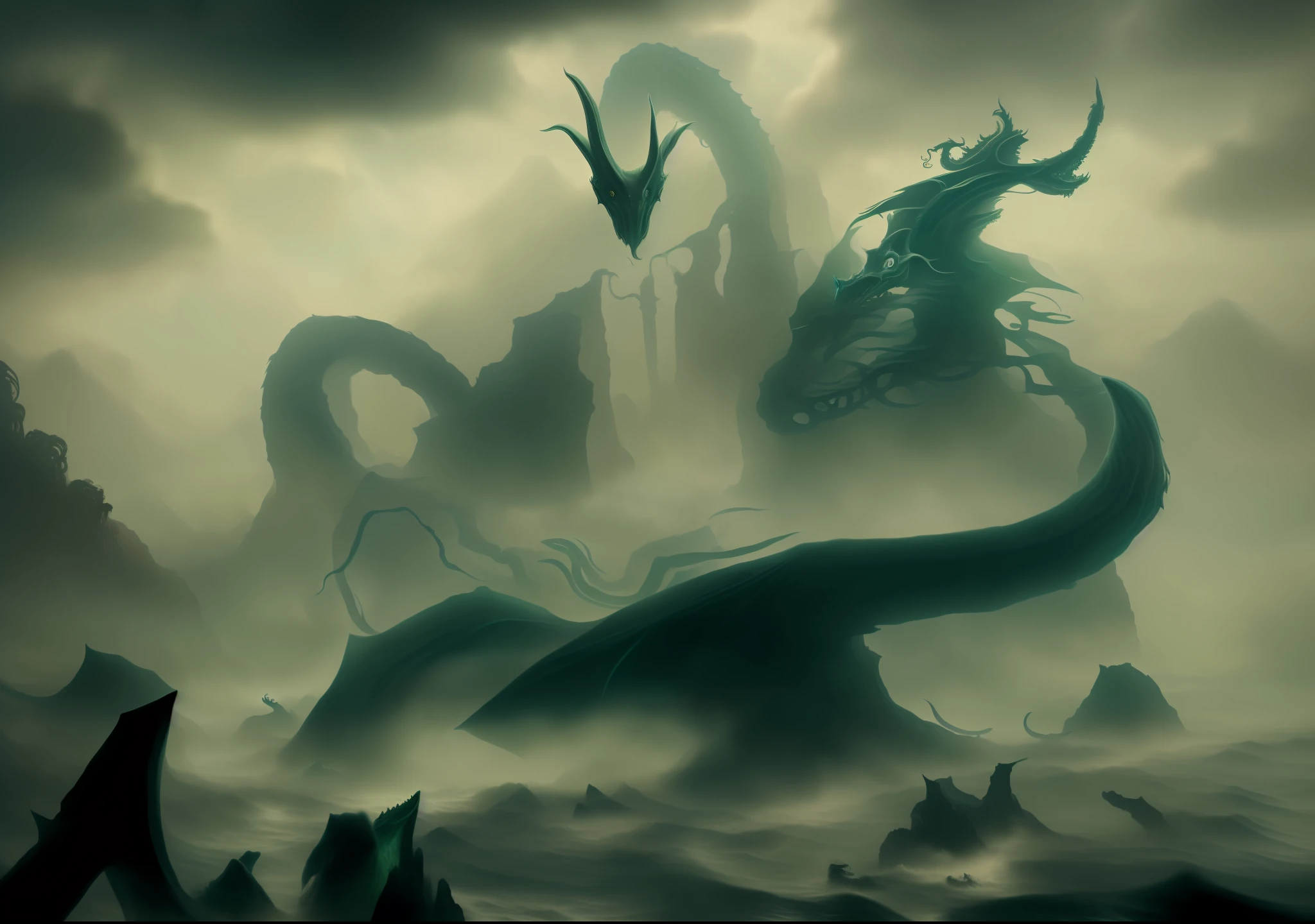 there is a dragon that is standing in the water, scylla and charybdis, sea serpent, serpentine water monster, sea monster, colossal dragon in background, cthulhu rising from the ocean, jormungandr, hydra, godrays digital painting, great leviathan, lovecraftian landscape, scylla, digital painting of quetzalcoatl, leviathan