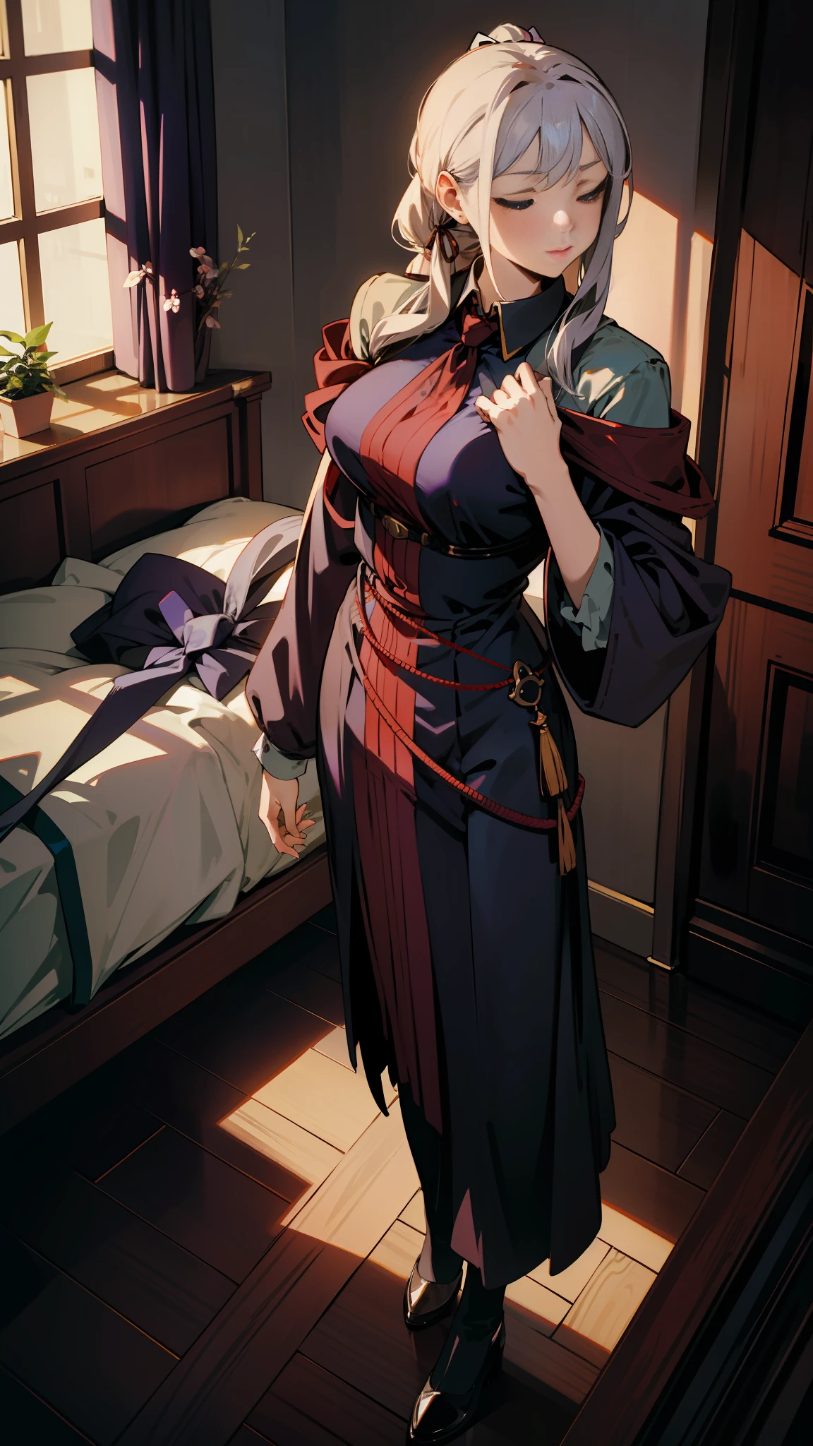 colored inner hair, silver hair, long hair, ponytail, big hair, hair ribbon, raised eyebrows, sleepy, anime, chiaroscuro, symmetry, from above, UHD, masterpiece, ccurate, anatomically Correct, textured skin, super detail, best quality, highres, there is a woman in a dress standing in the room, thighs, natural breasts, wide hips, dark purple clothes, red cord straps, white stockings, long skirt, shadow --auto --s2