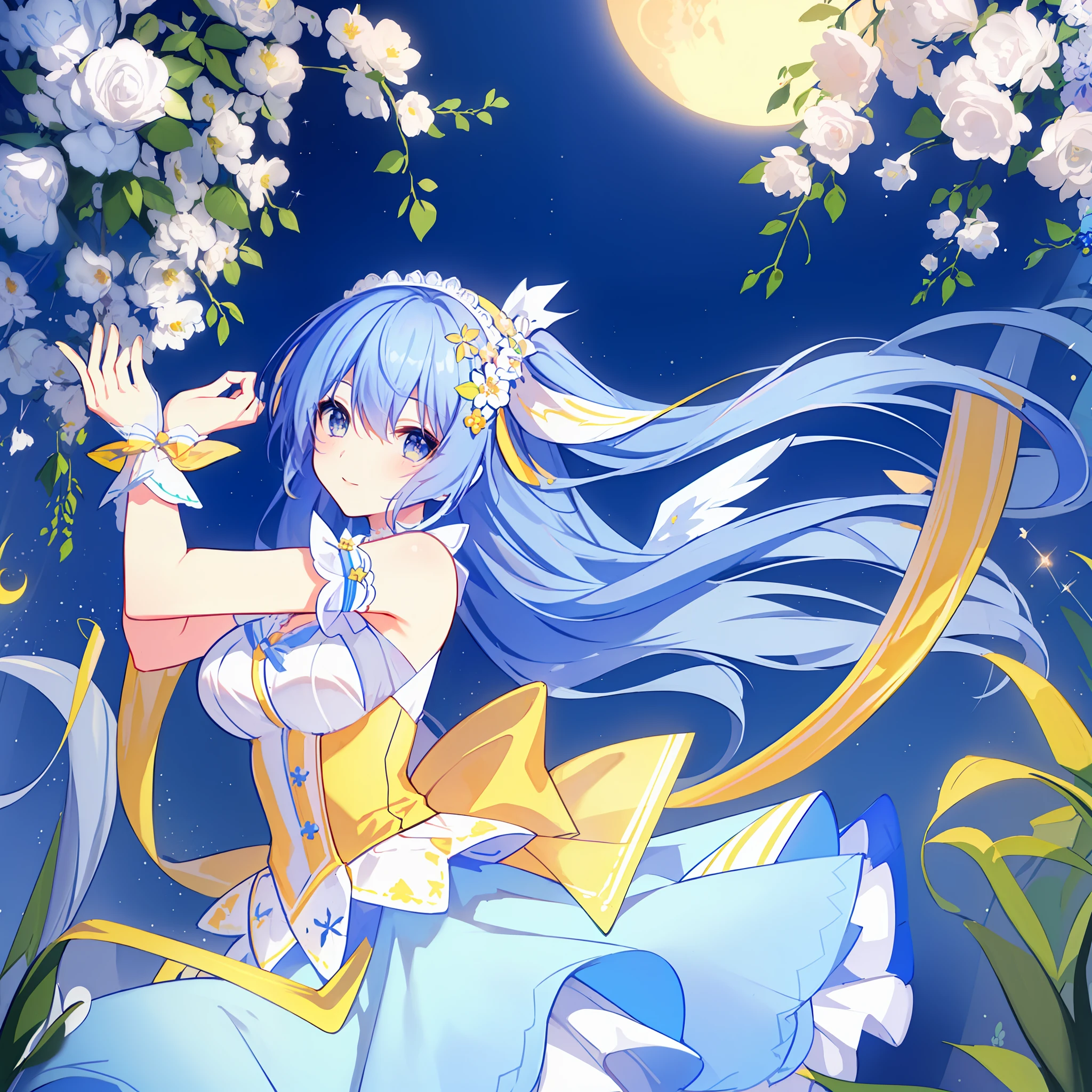 Facing right, ((((Masterpiece)))), (((Best Quality)))), ((((Very detailed))), Detailed fingers, Illustration, 1 girl, Solo, Sky blue long hair, violet colored eyes, Flower hair ornament, White feather hair ornament, Yellow moon hair ornament, Wide open chest, Large breasts, Large white ribbon at the waist, Yellow idle dress, Choker with yellow ribbon with white flowers, White gloves, White tights , MIKU, Royal Elegant Pose