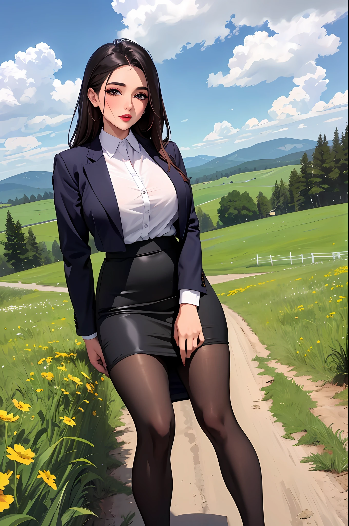 4K, Meadow, pasture, dirt road, clear sky with some clouds, bushes,depravity,thick thighs, woman, teacher, pencil skirt, lipstick,makeup, pantyhose,